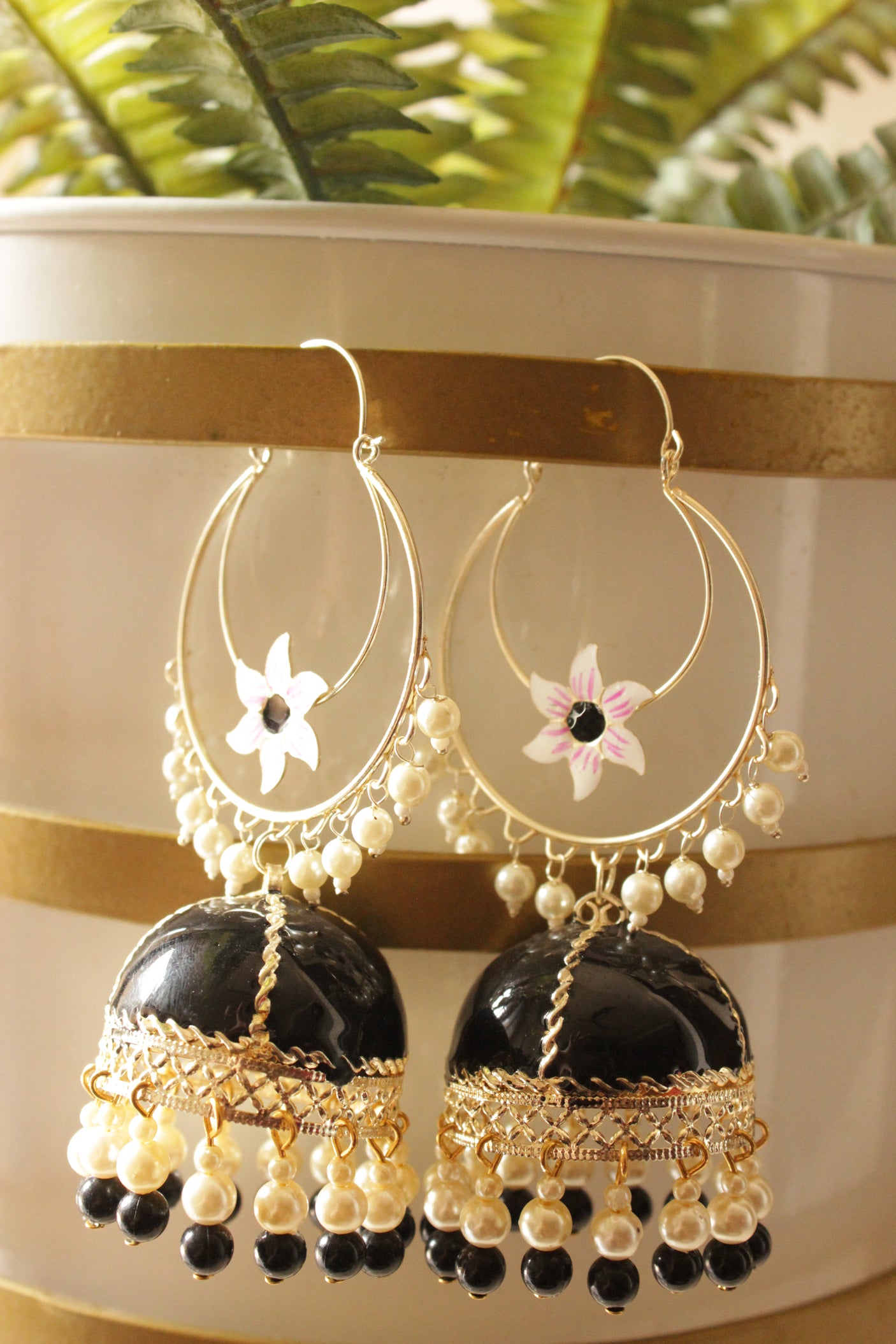 Black Hand Painted Meenakari Work Gold Toned Hoop Jhumka Earrings Accentuated with Beadsx