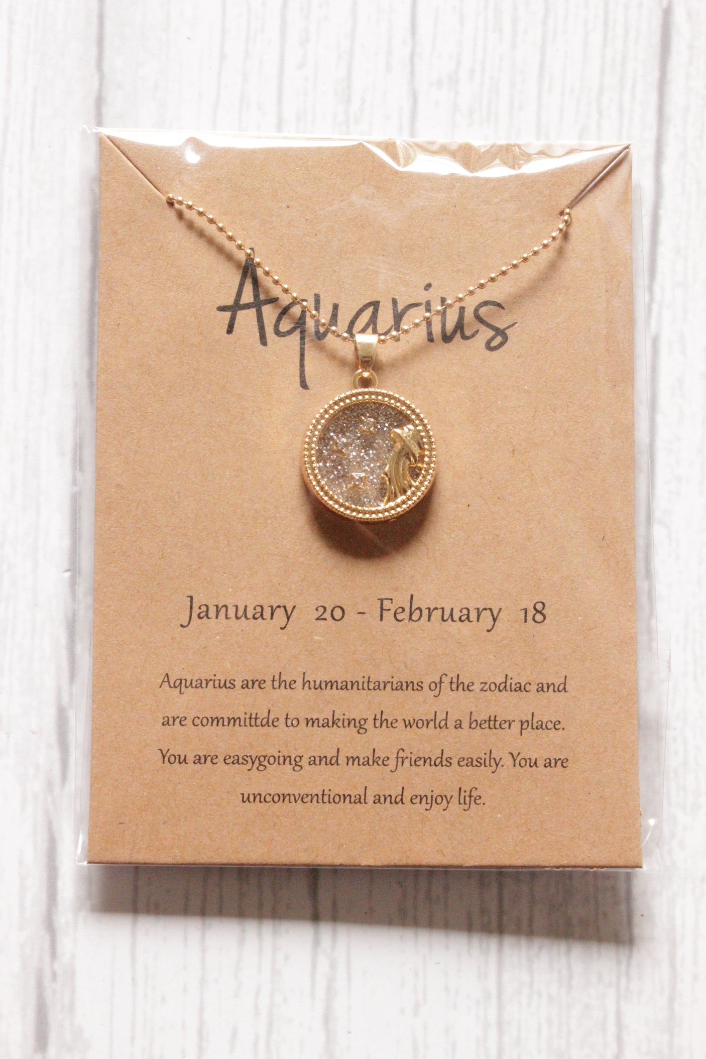 Aquarius Sun Sign Gold Plated Day Style Round Resin Horoscope Astrology Minimalist Pendant Necklace with Card