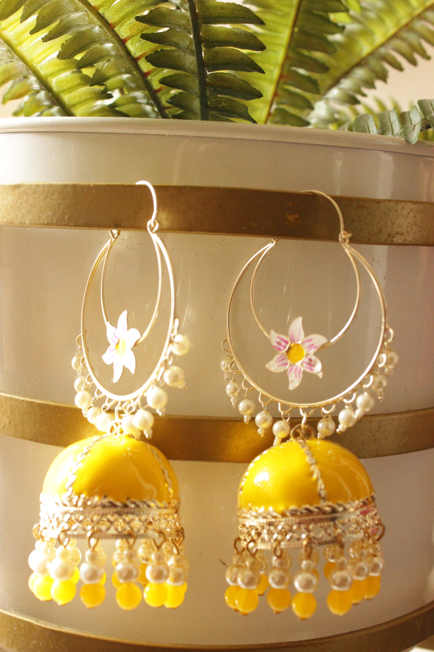 Sun Yellow Hand Painted Meenakari Work Gold Toned Hoop Jhumka Earrings Accentuated with White and Yellow Beads
