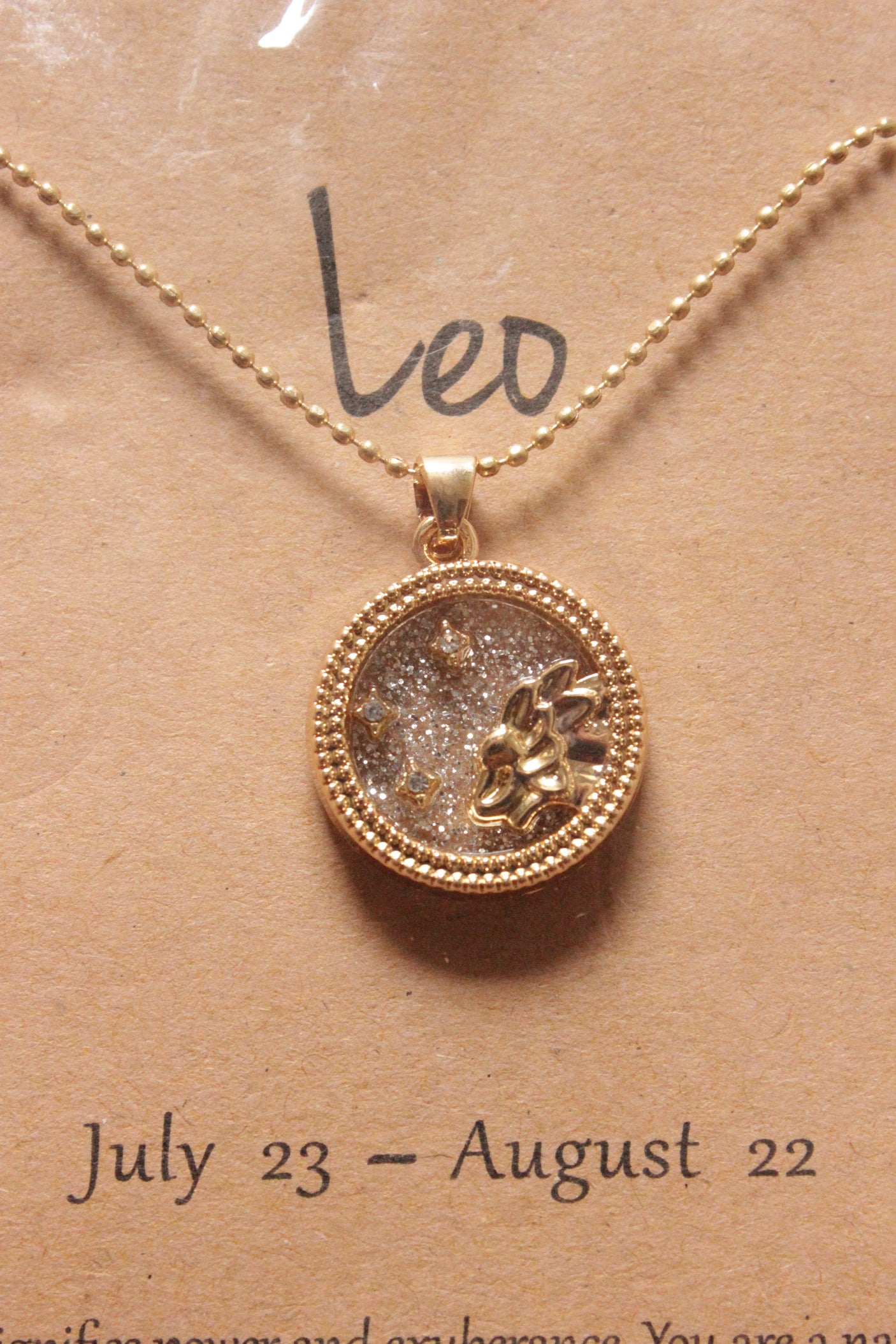 Leo Sun Sign Gold Plated Day Style Round Resin Horoscope Astrology Minimalist Pendant Necklace with Card