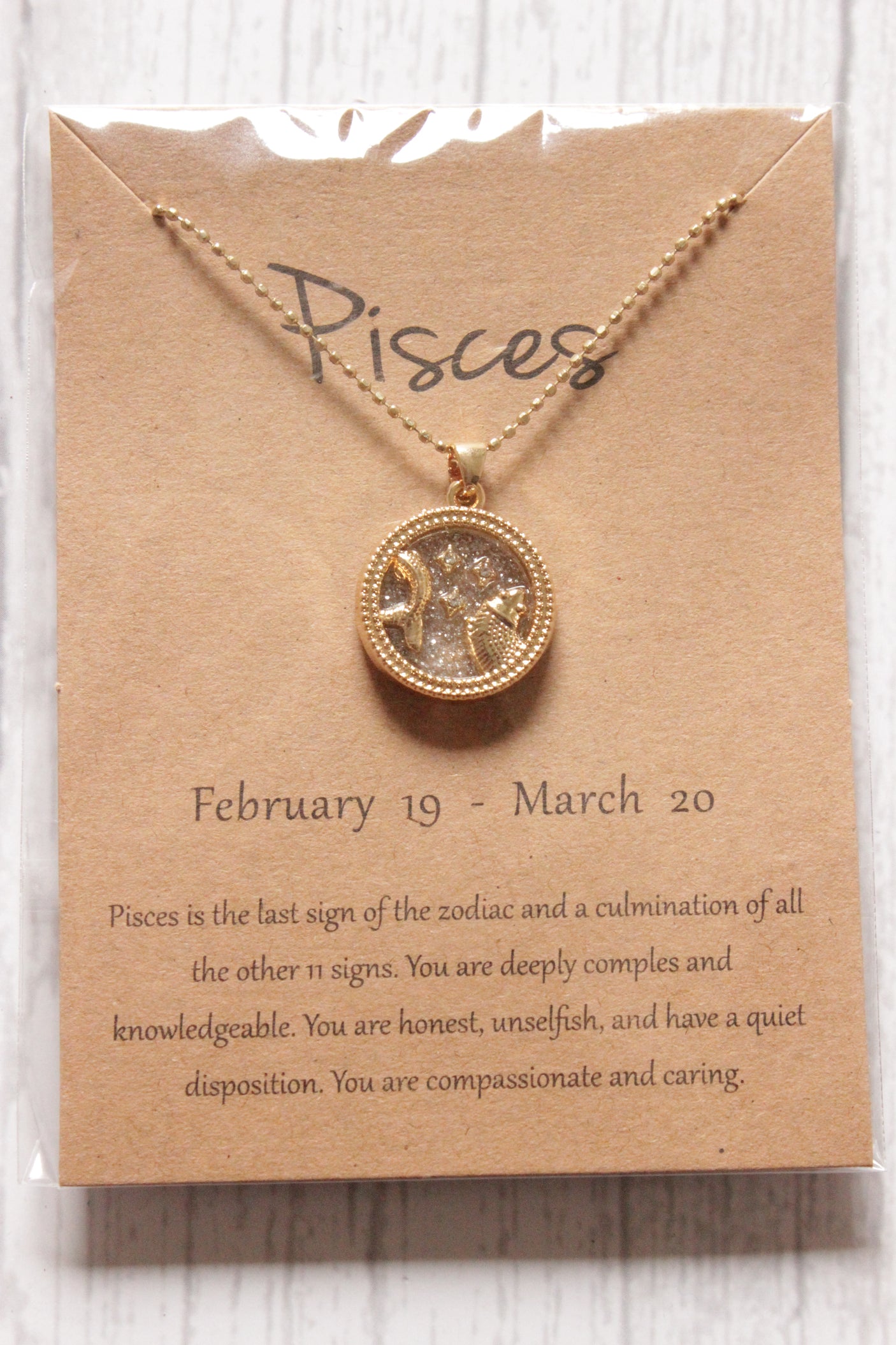 Pisces Sun Sign Gold Plated Day Style Round Resin Horoscope Astrology Minimalist Pendant Necklace with Card