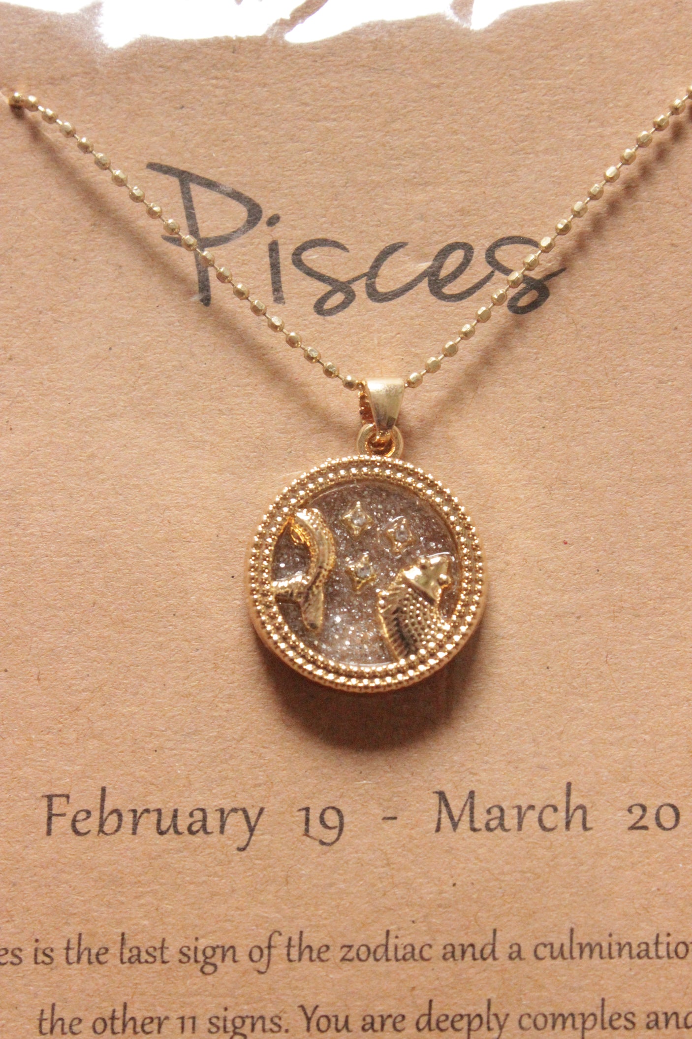 Pisces Sun Sign Gold Plated Day Style Round Resin Horoscope Astrology Minimalist Pendant Necklace with Card