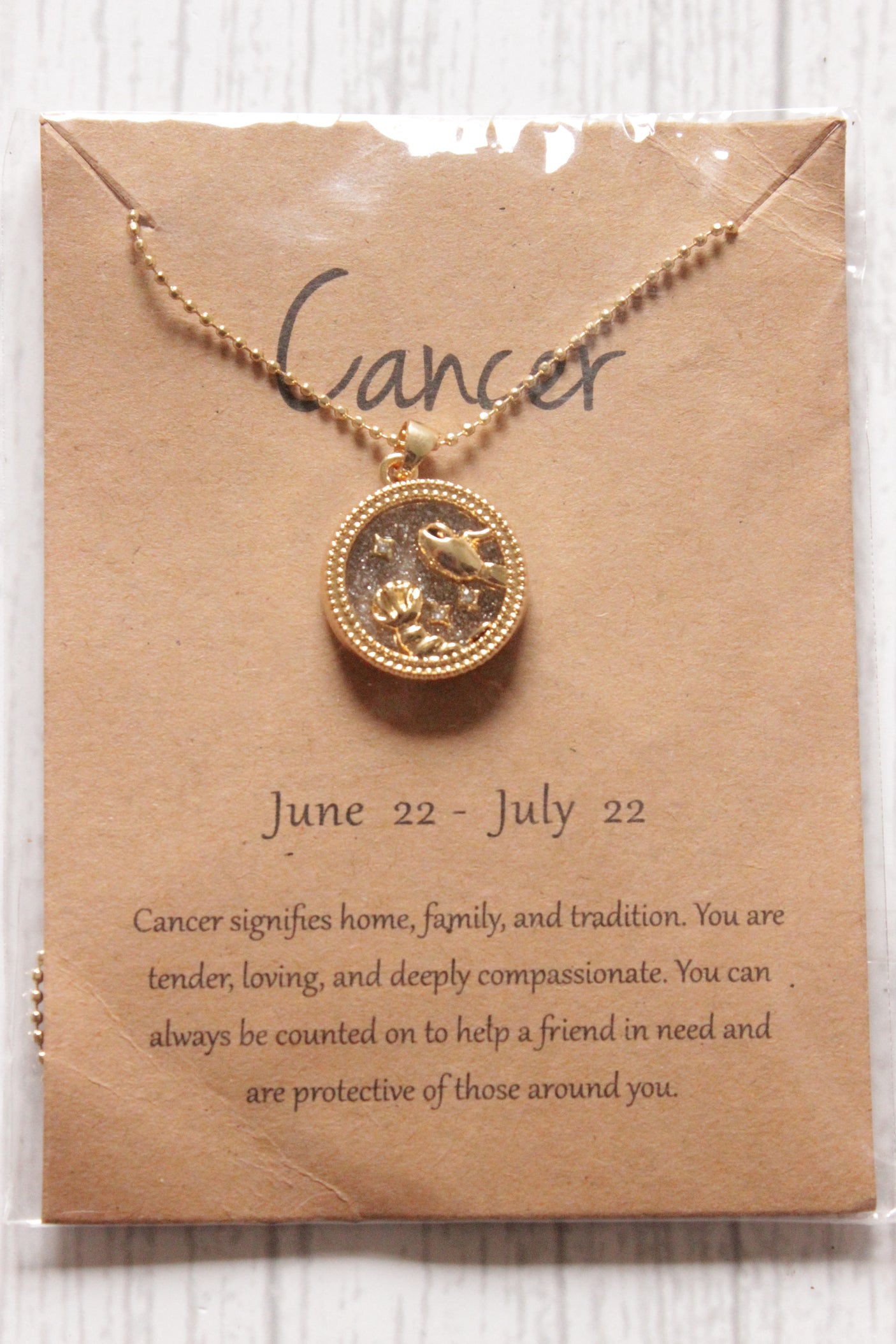 Cancer Sun Sign Gold Plated Day Style Round Resin Horoscope Astrology Minimalist Pendant Necklace with Card