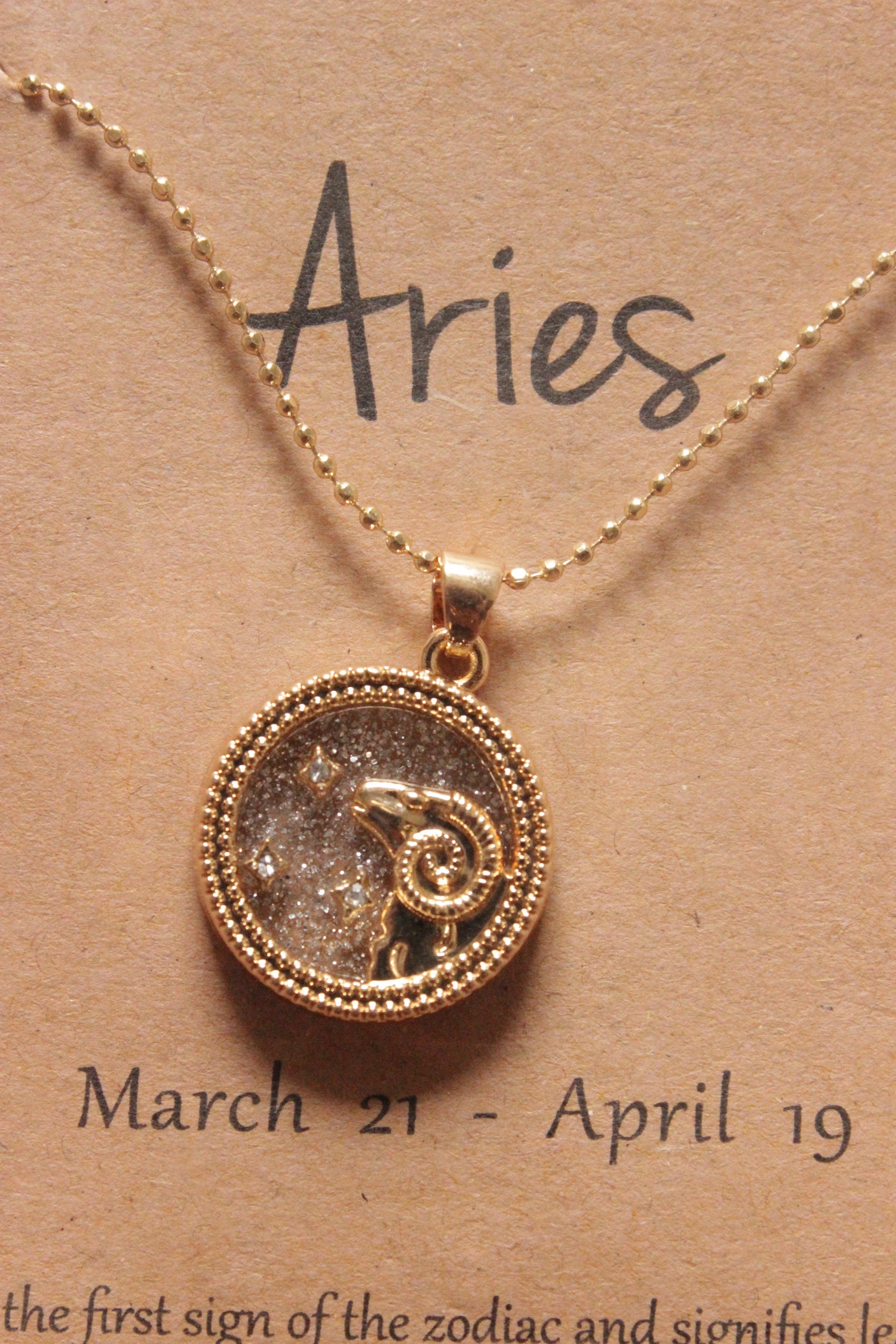 Aries Sun Sign Gold Plated Day Style Round Resin Horoscope Astrology Minimalist Pendant Necklace with Card