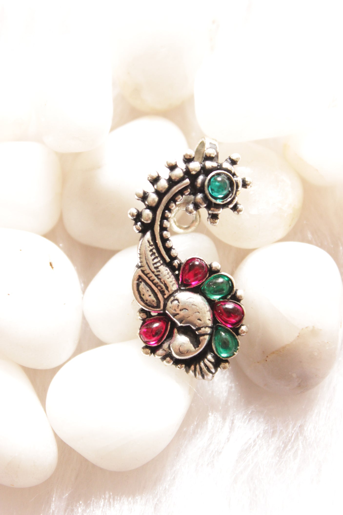 Traditional Stones Embedded Silver Finish Peacock Shape Clip-On Maharashtrian Nath