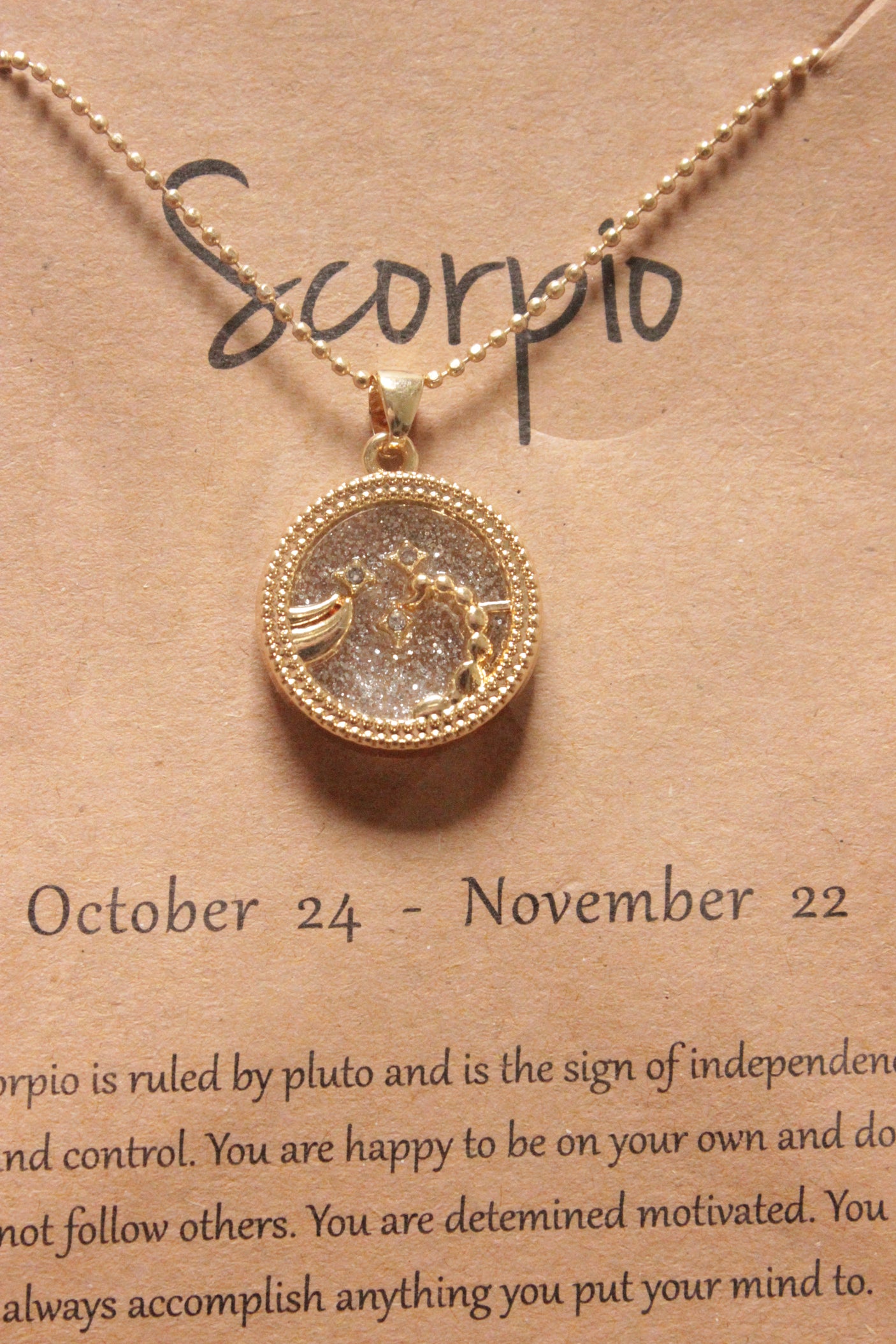 Scorpio Sun Sign Gold Plated Day Style Round Resin Horoscope Astrology Minimalist Pendant Necklace with Card
