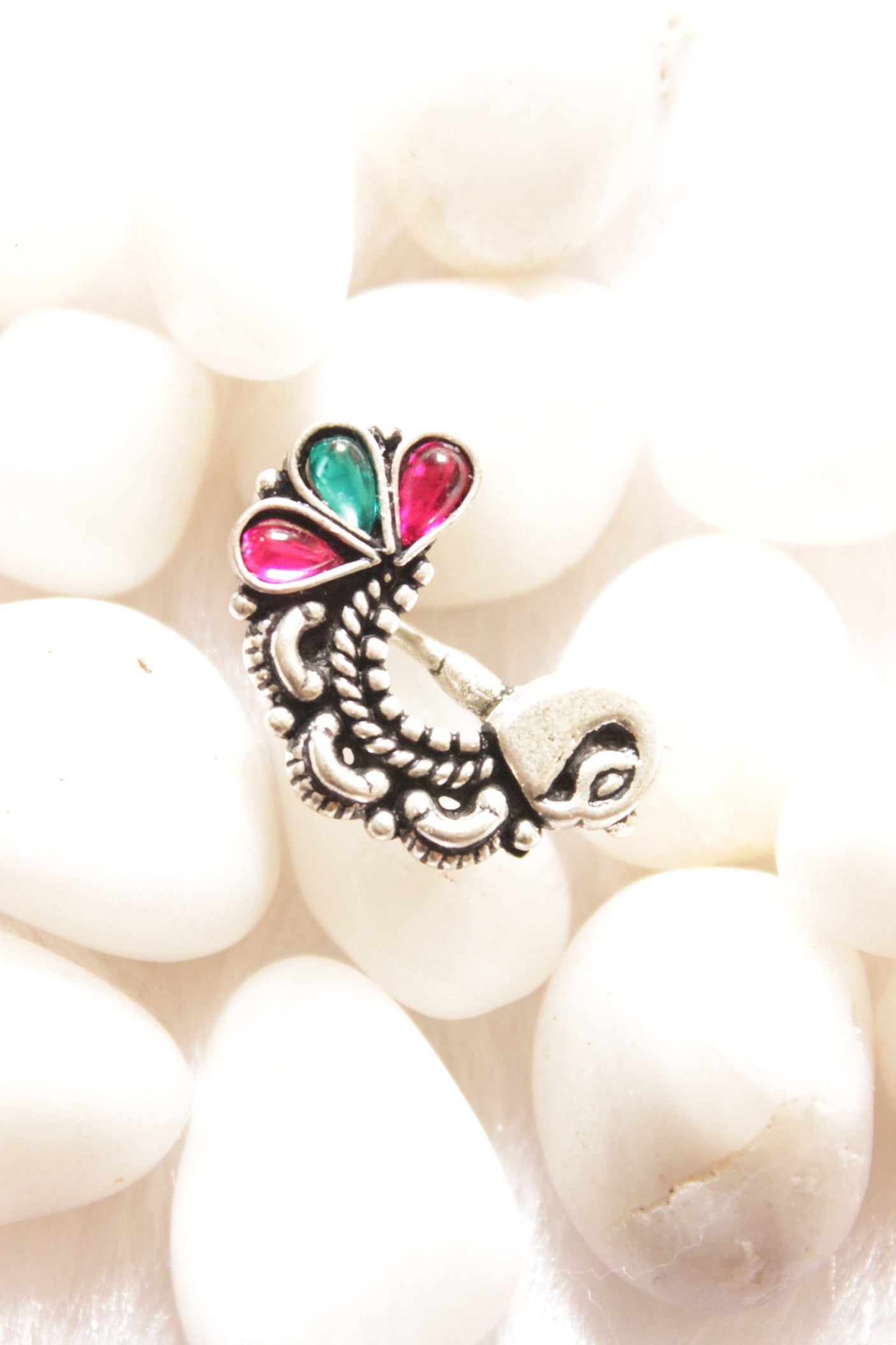 Glass Stones Embedded Oxidised Silver Finish Clip-On Maharashtrian Nath