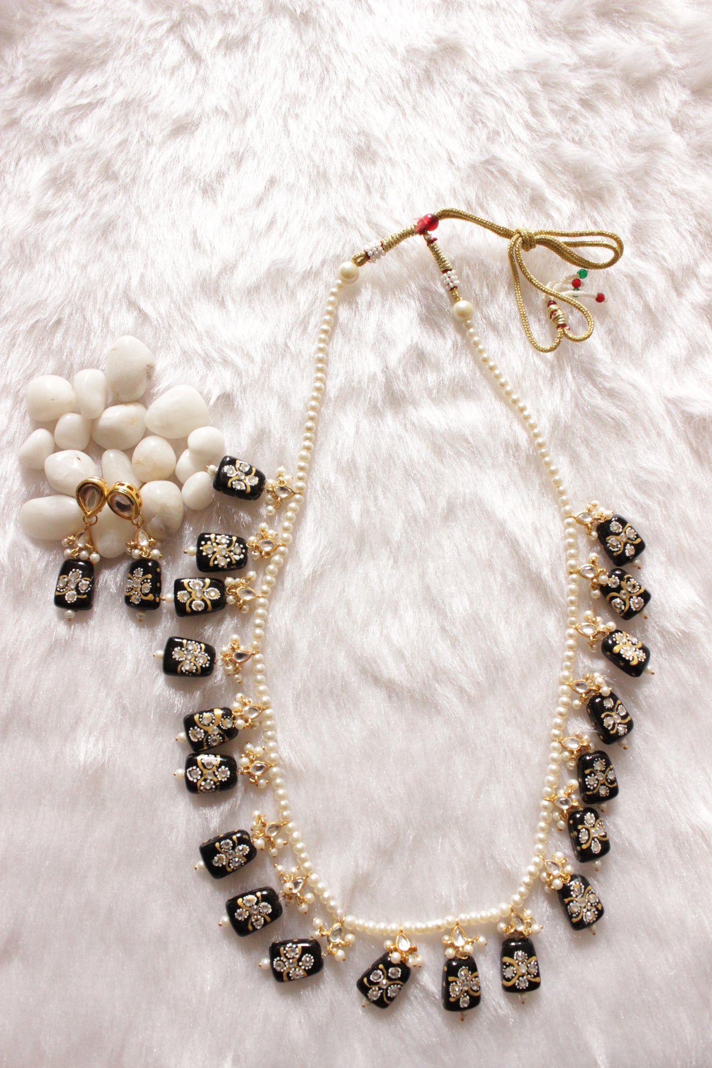 Hand Painted Meenakari Black Acrylic Beads Braised with White Beads and Kundan Stones Embedded Necklace Set