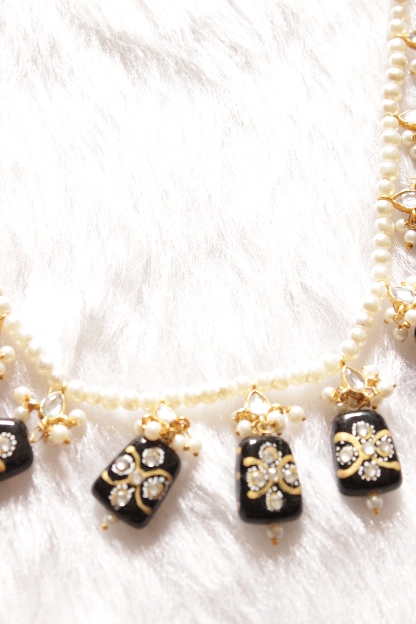 Hand Painted Meenakari Black Acrylic Beads Braised with White Beads and Kundan Stones Embedded Necklace Set