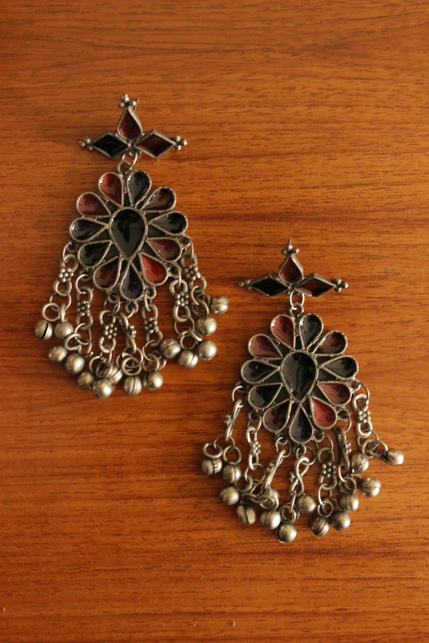 Red and Black Enamel Painted Tear Drop Earrings With Ghungroo Chain Strings