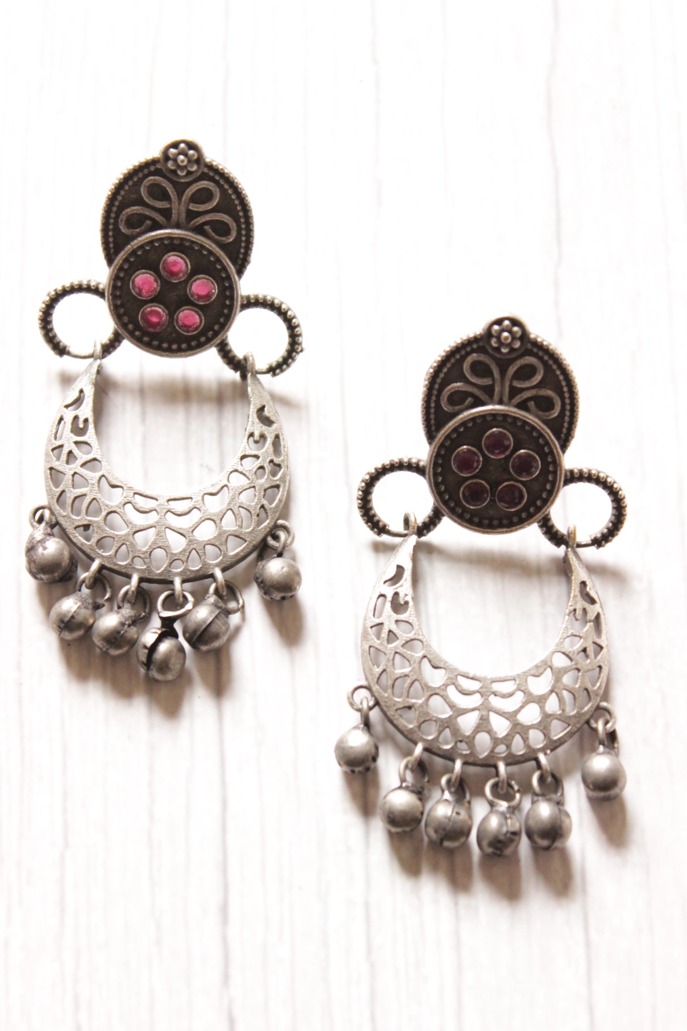 Silver Finish Pink Stones Embedded Silver Earring Embellished with Ghungroo Beads