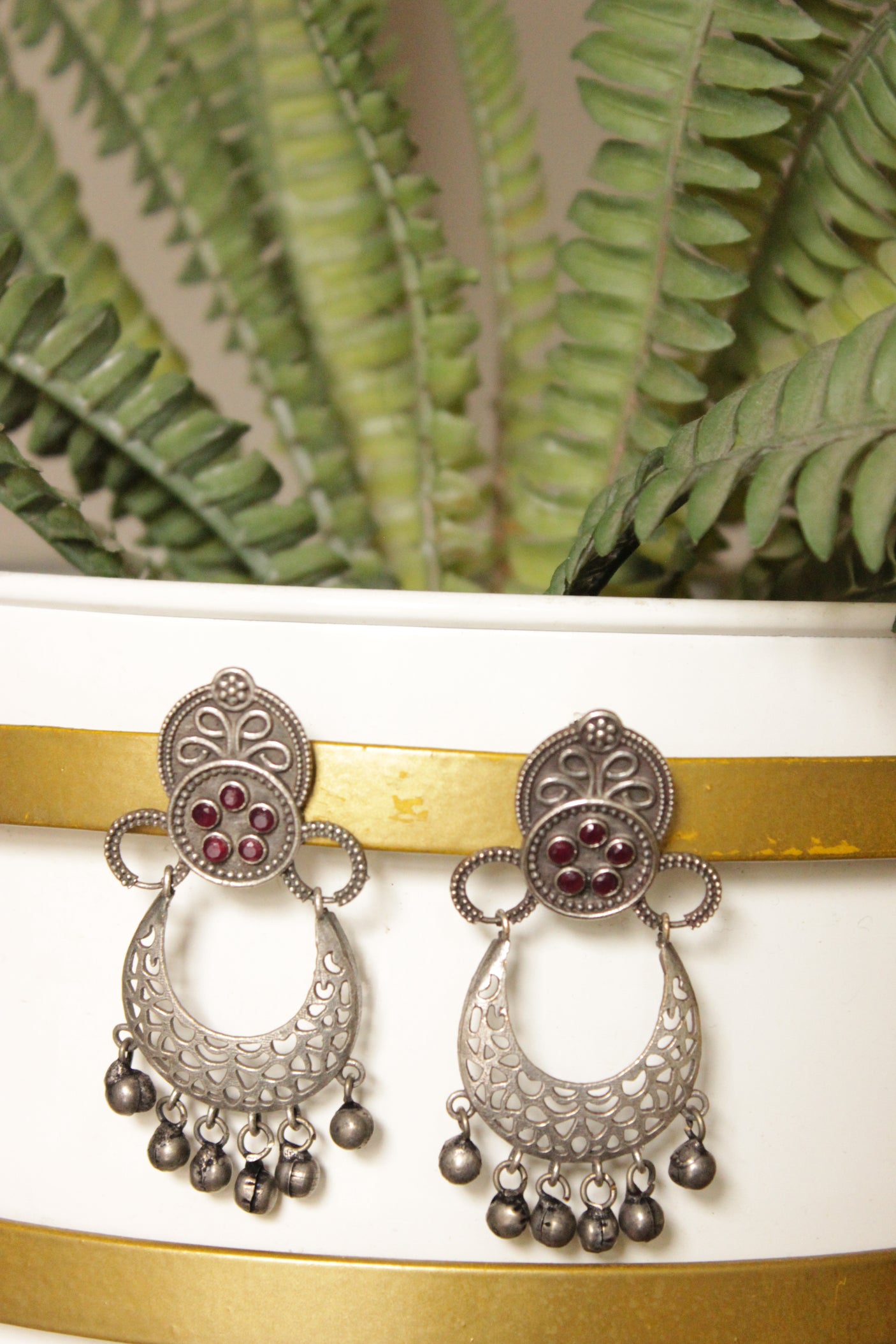 Silver Finish Pink Stones Embedded Silver Earring Embellished with Ghungroo Beads