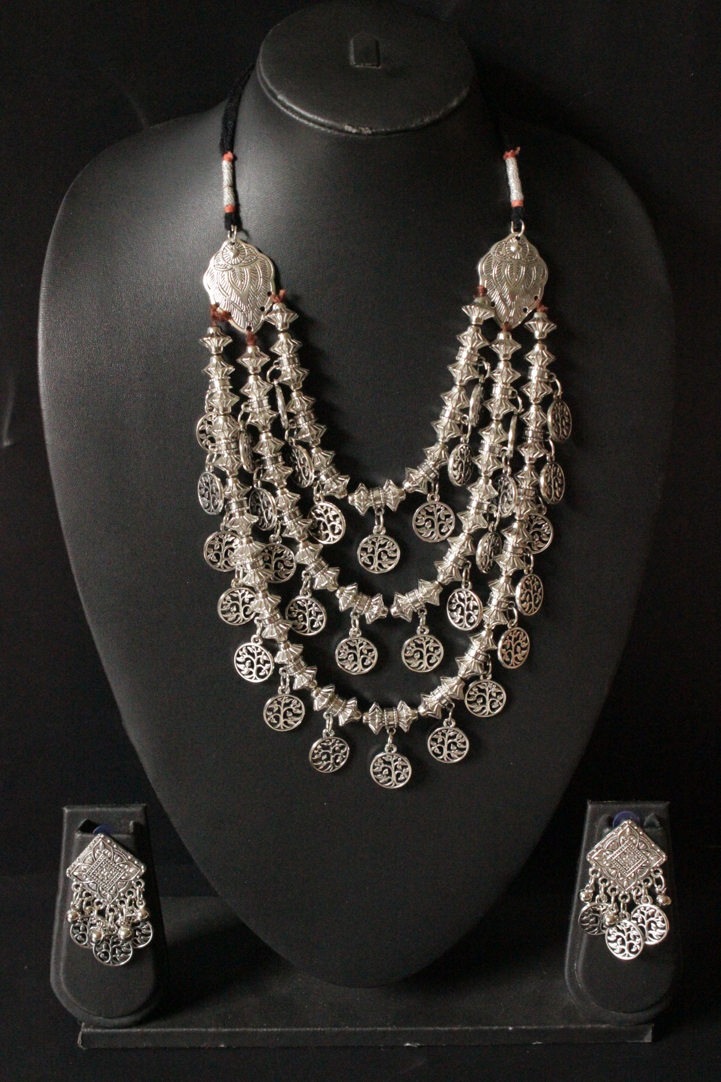 3 Layer Stamped Coins Necklace with Thread Closure