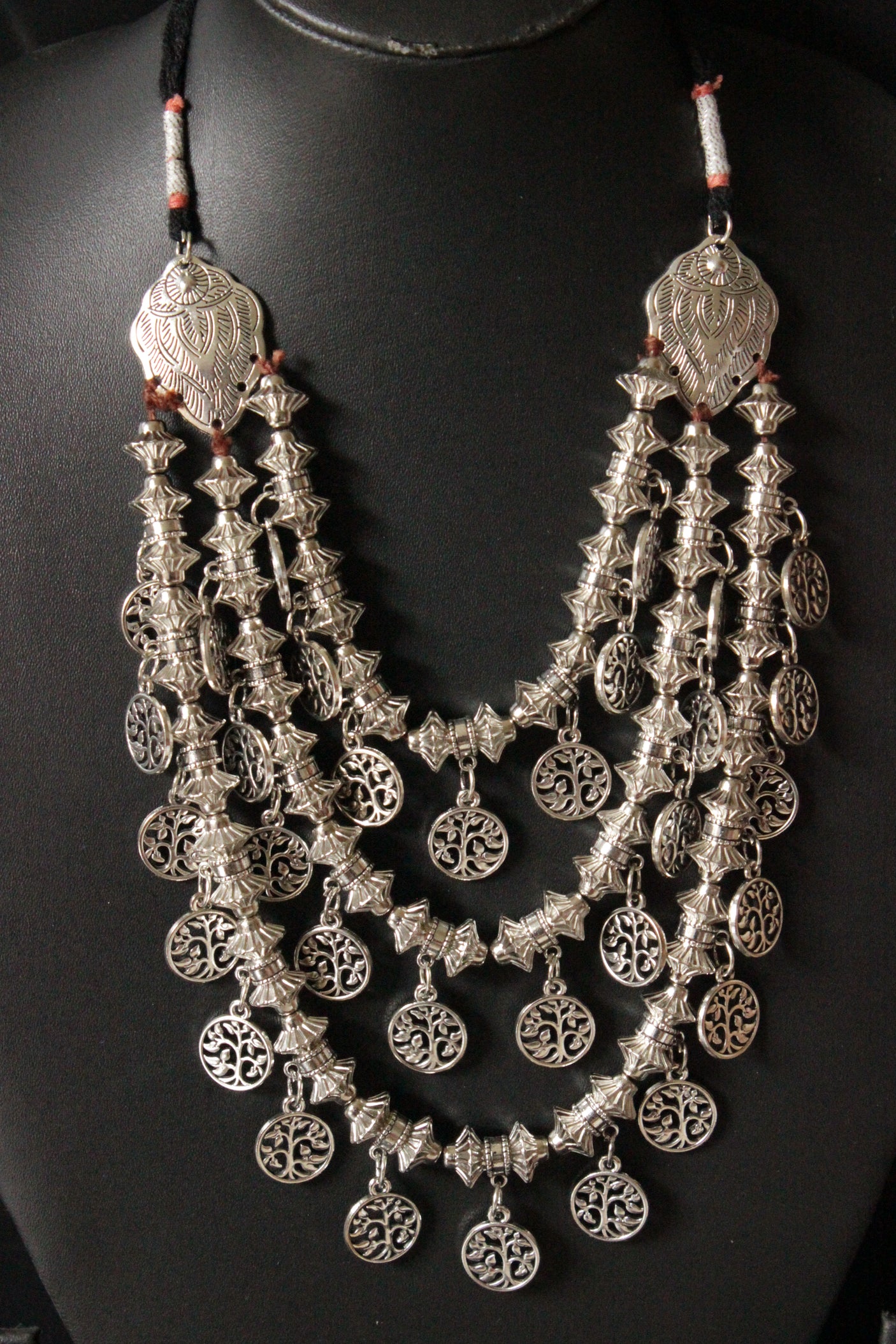 3 Layer Stamped Coins Necklace with Thread Closure