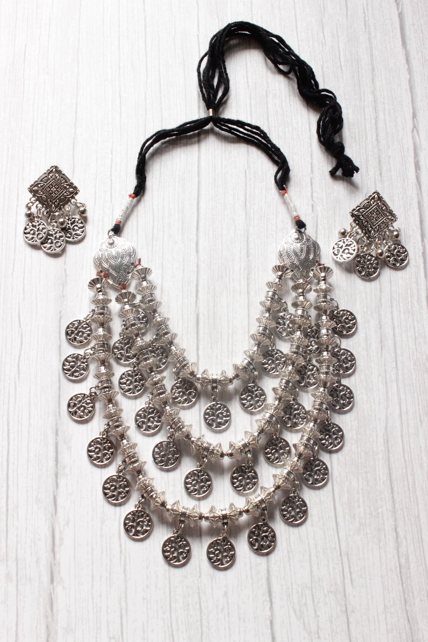 3 Layer Stamped Coins Necklace with Thread Closure