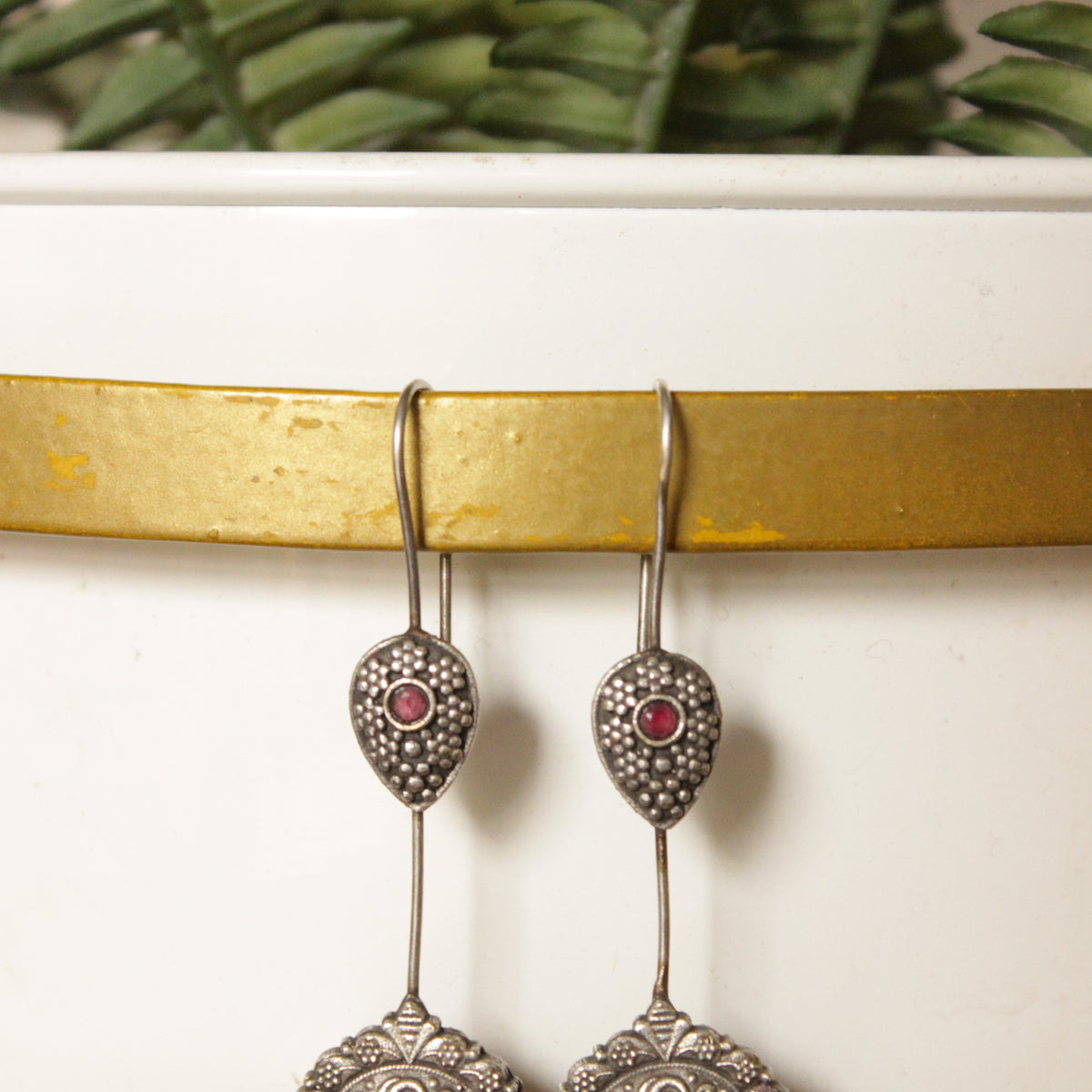 AI117 - Oxidised Hand Painted Earring with Dangler Stone main image 0