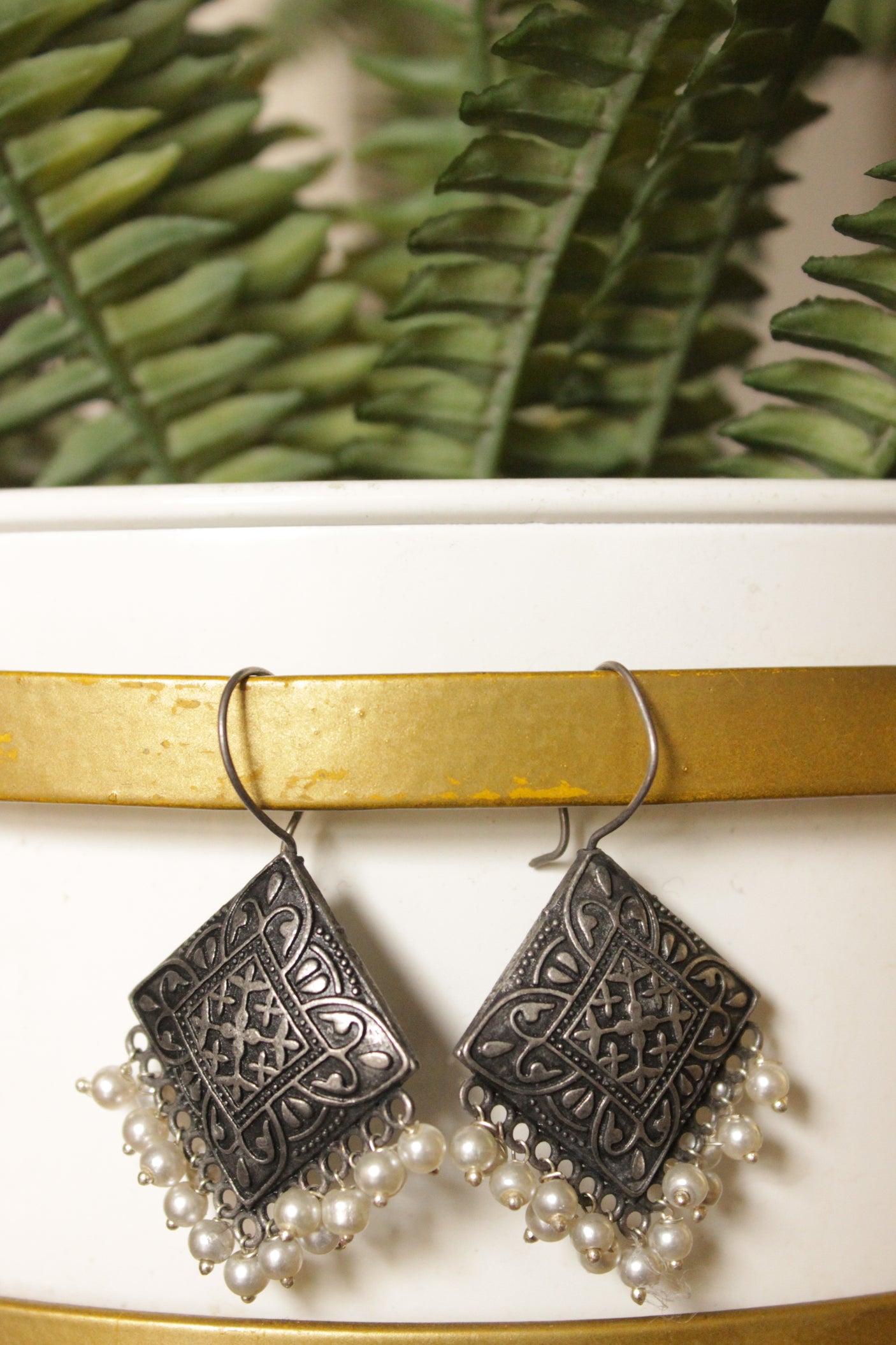 Oxidised Finish Square Intricately Detailed Dangler Earrings