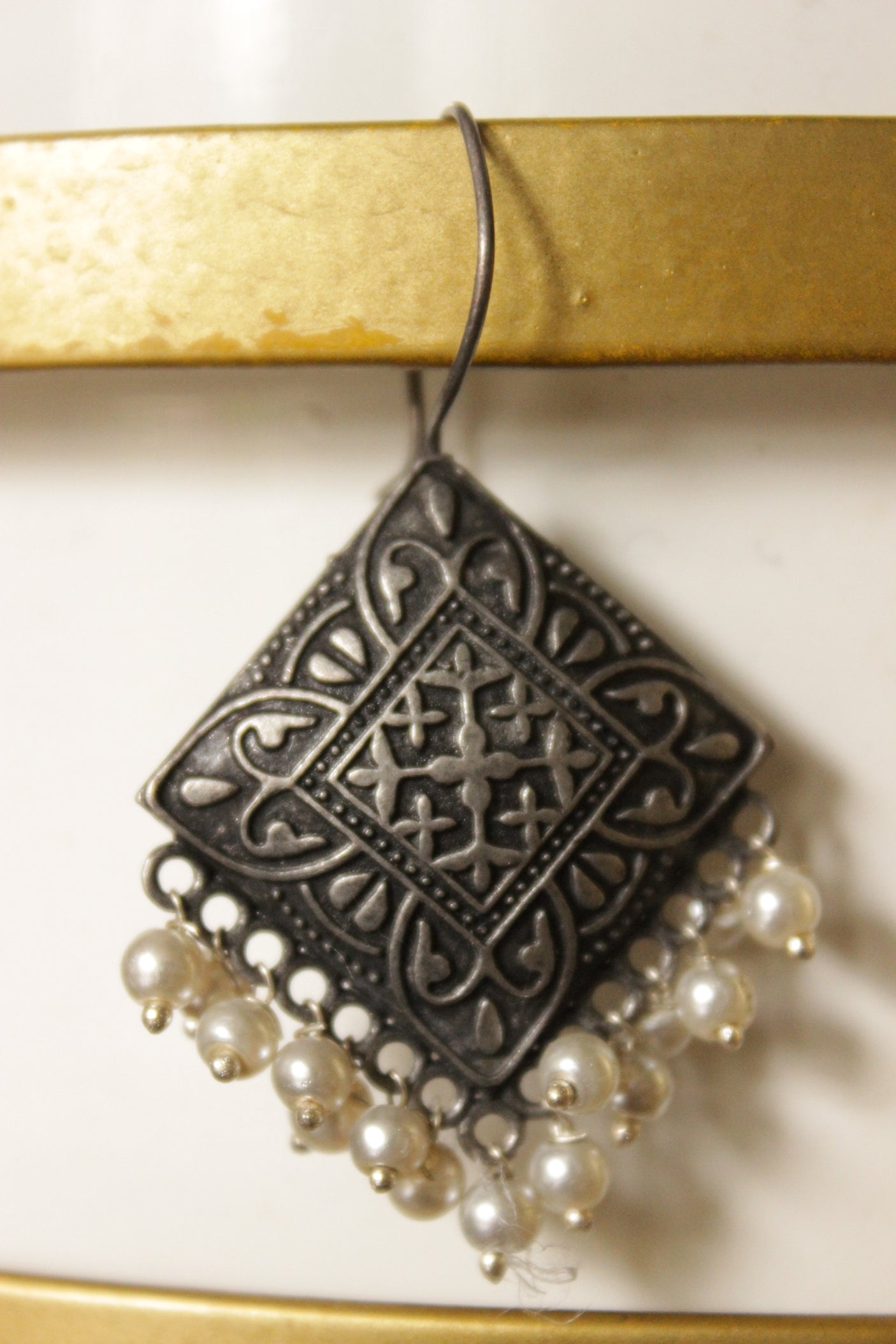 Oxidised Finish Square Intricately Detailed Dangler Earrings