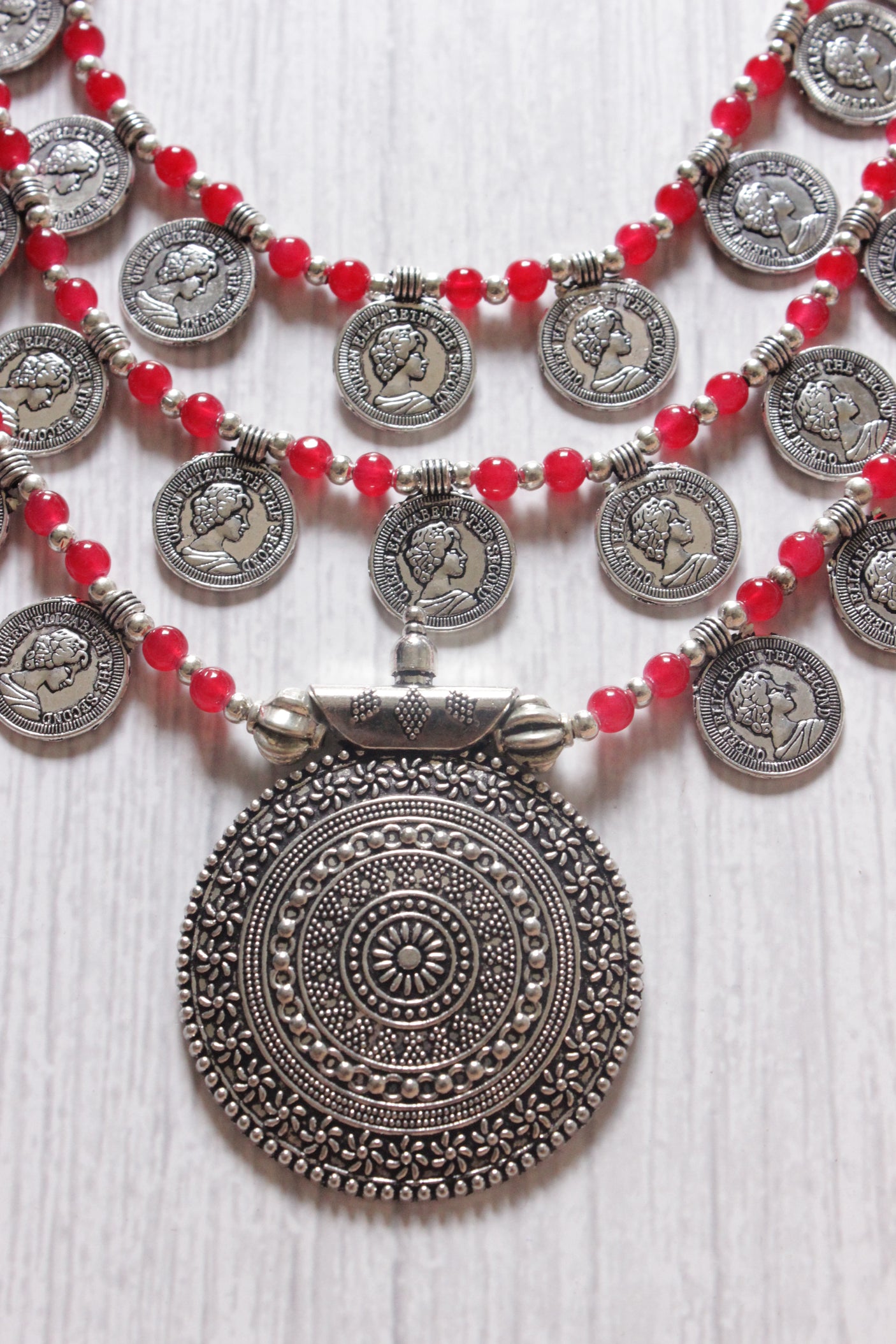 3 Layer Red Glass Beads and Stamped Metal Coins Braided Necklace with Statement Metal Pendant