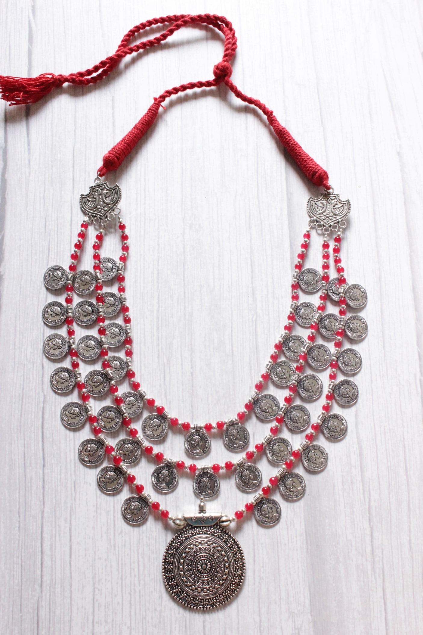 3 Layer Red Glass Beads and Stamped Metal Coins Braided Necklace with Statement Metal Pendant