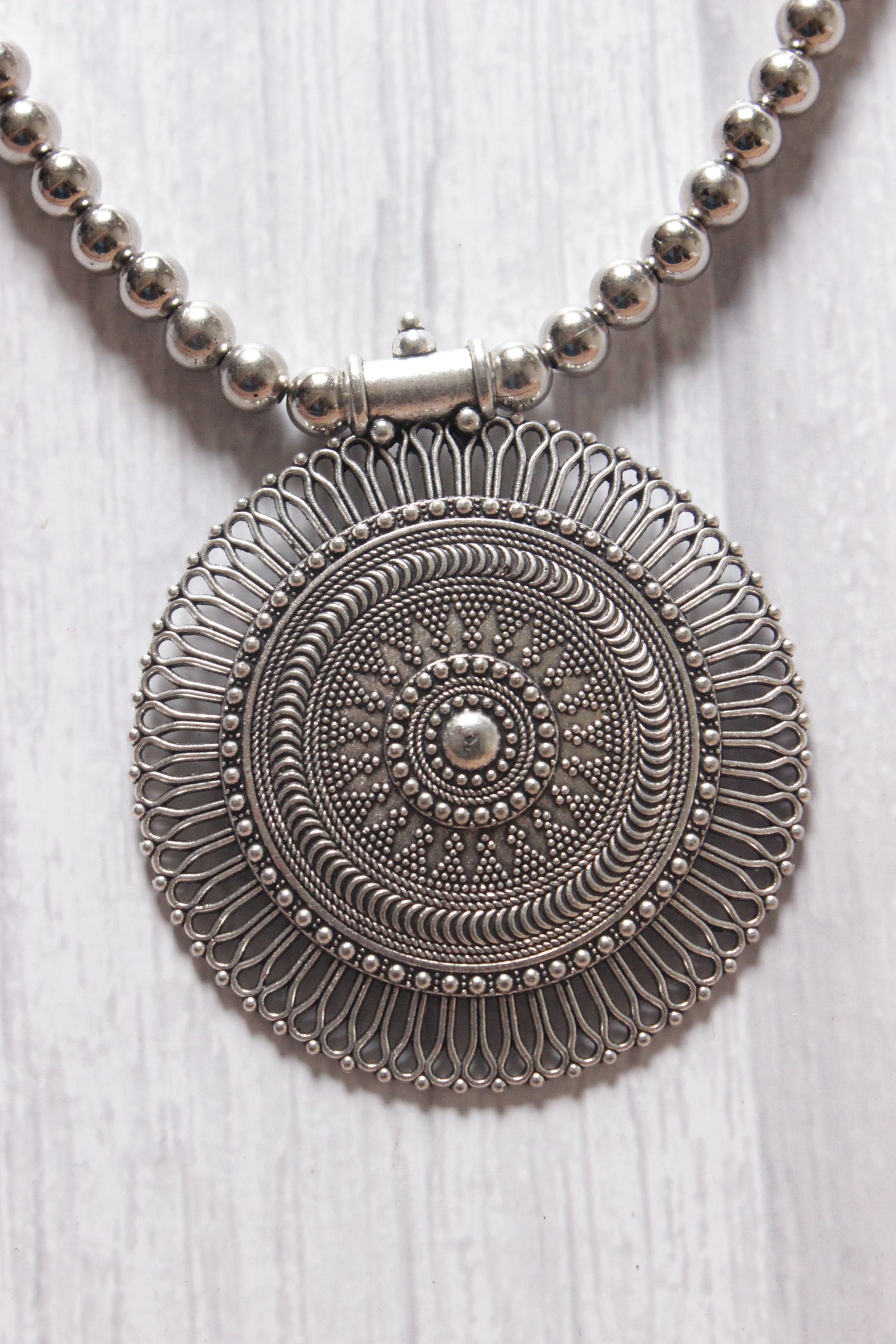 Statement Metal Pendant, Metal Beads Stringed Necklace Set