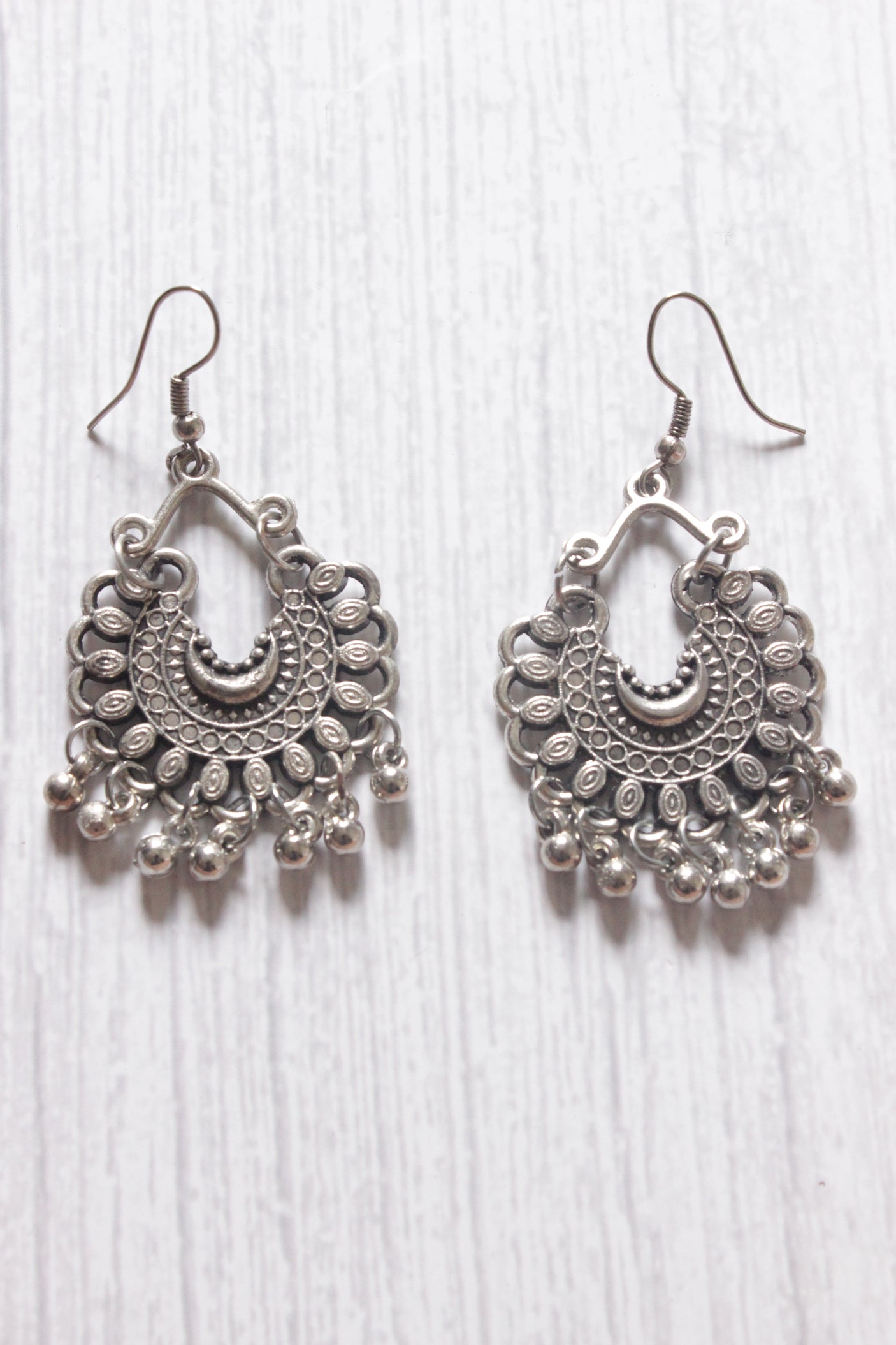 Long Chain Oxidised Silver Finish Metal Necklace Set with Half Moon Shaped Earrings