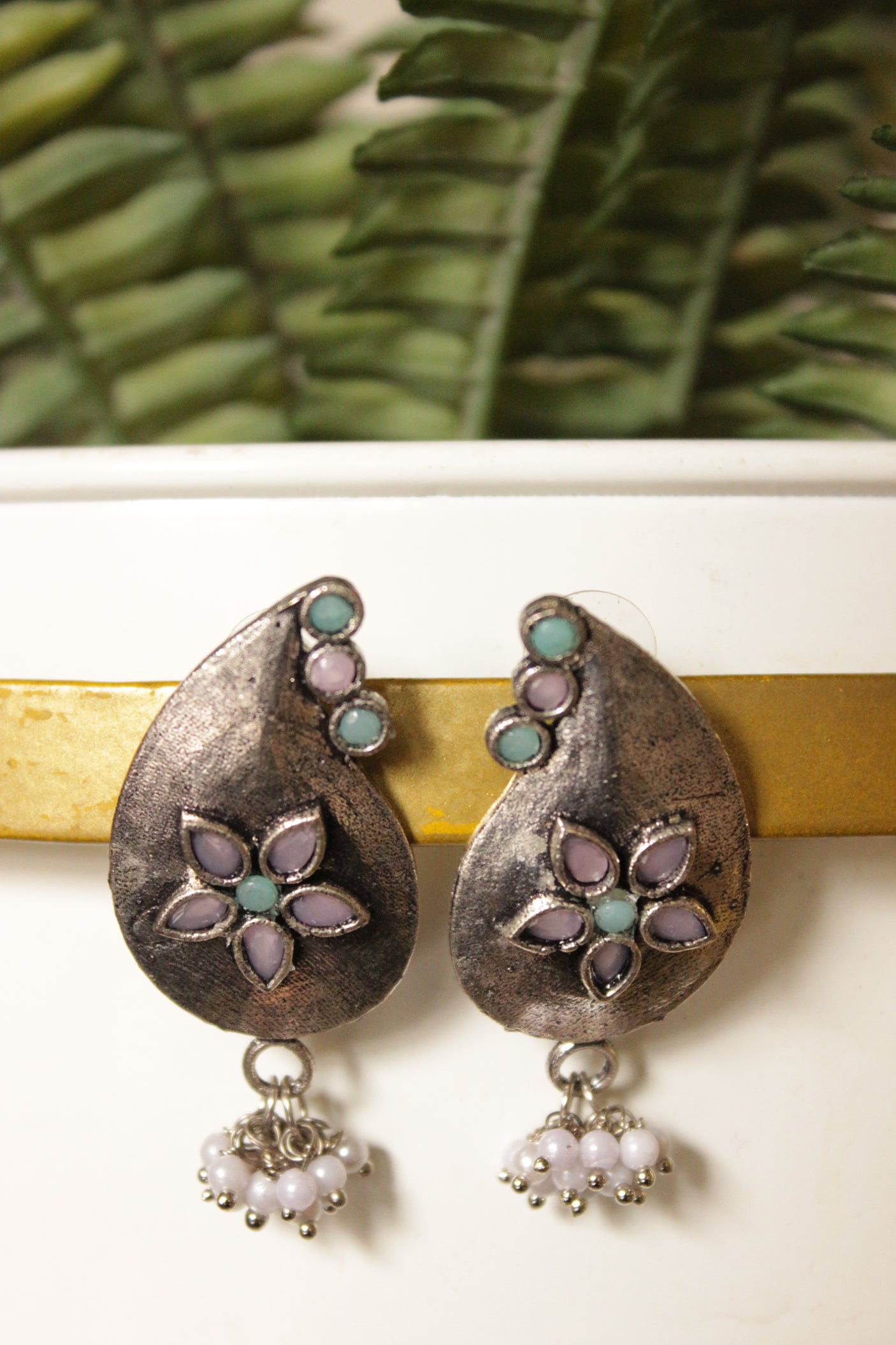 Peach and Turquoise Oxidised Finish Tear Drop Earrings