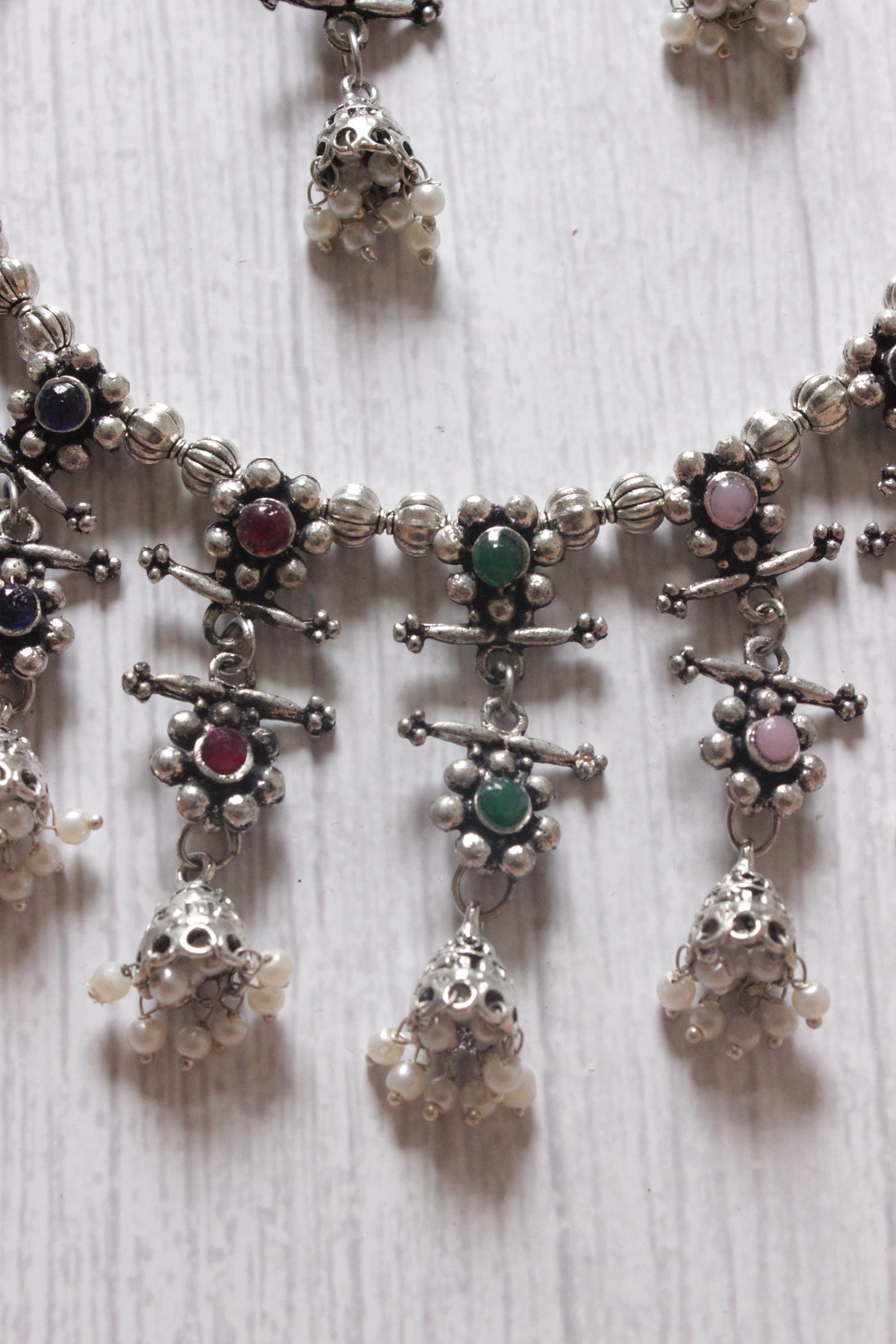 Multi-Color Stones Embedded Thread Closure Necklace Set with Long Dangler Earrings