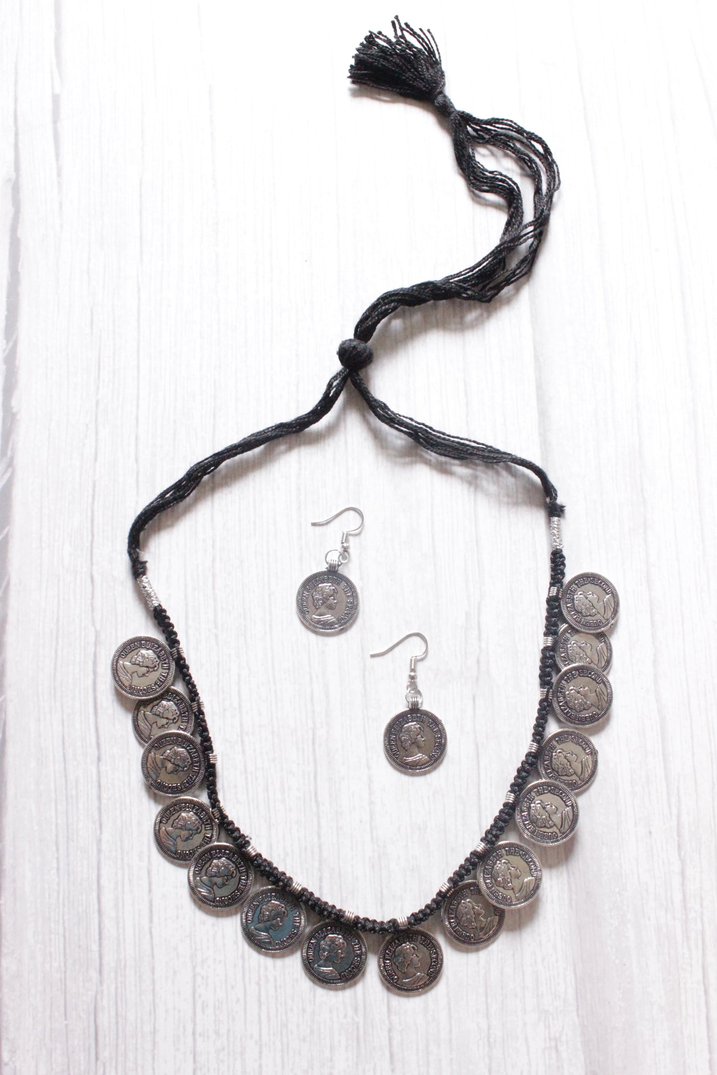 Stamped Coins Thread Closure Choker Necklace Set