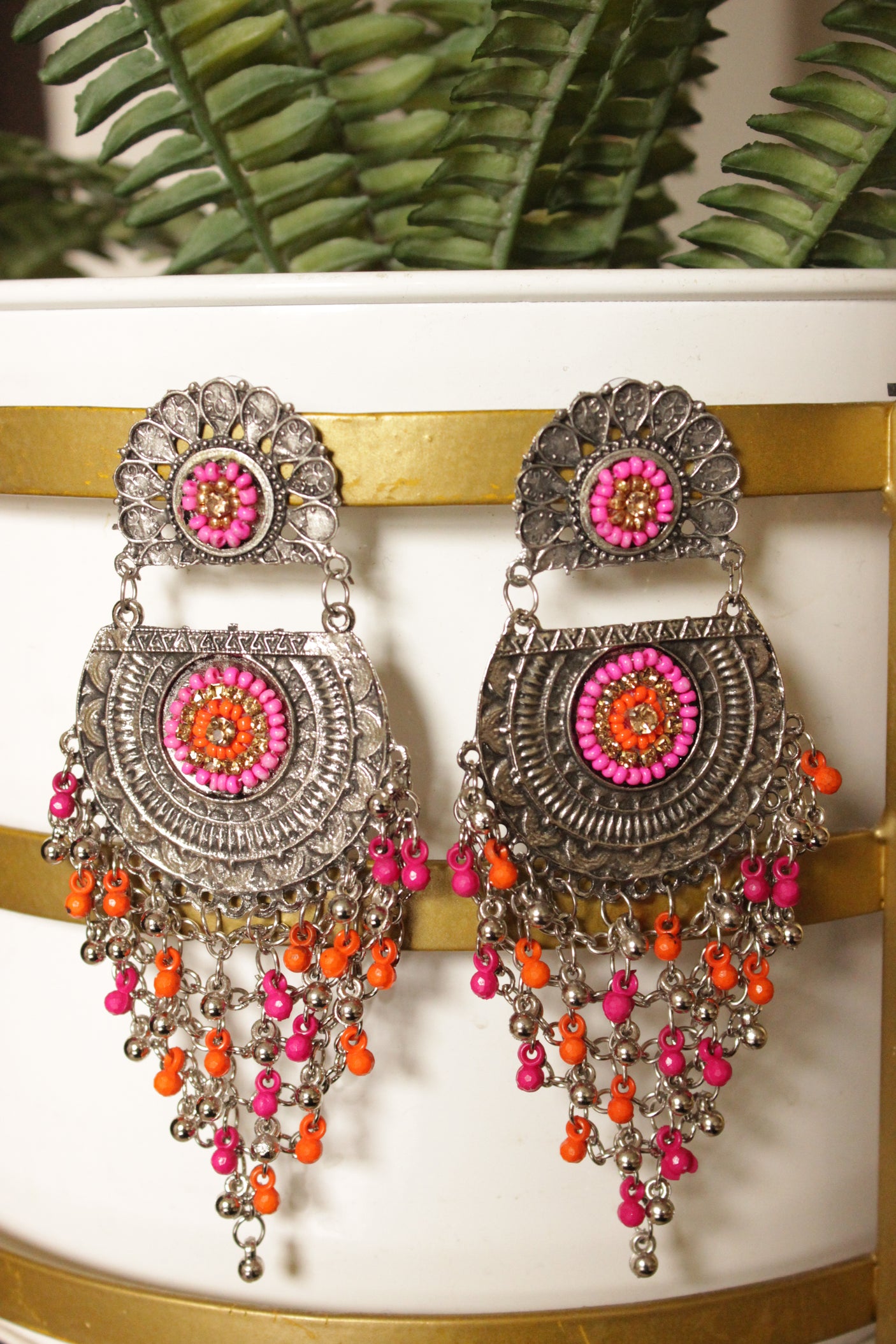 Pink Beaded Oxidised FInish Flower Motif Statement Earrings