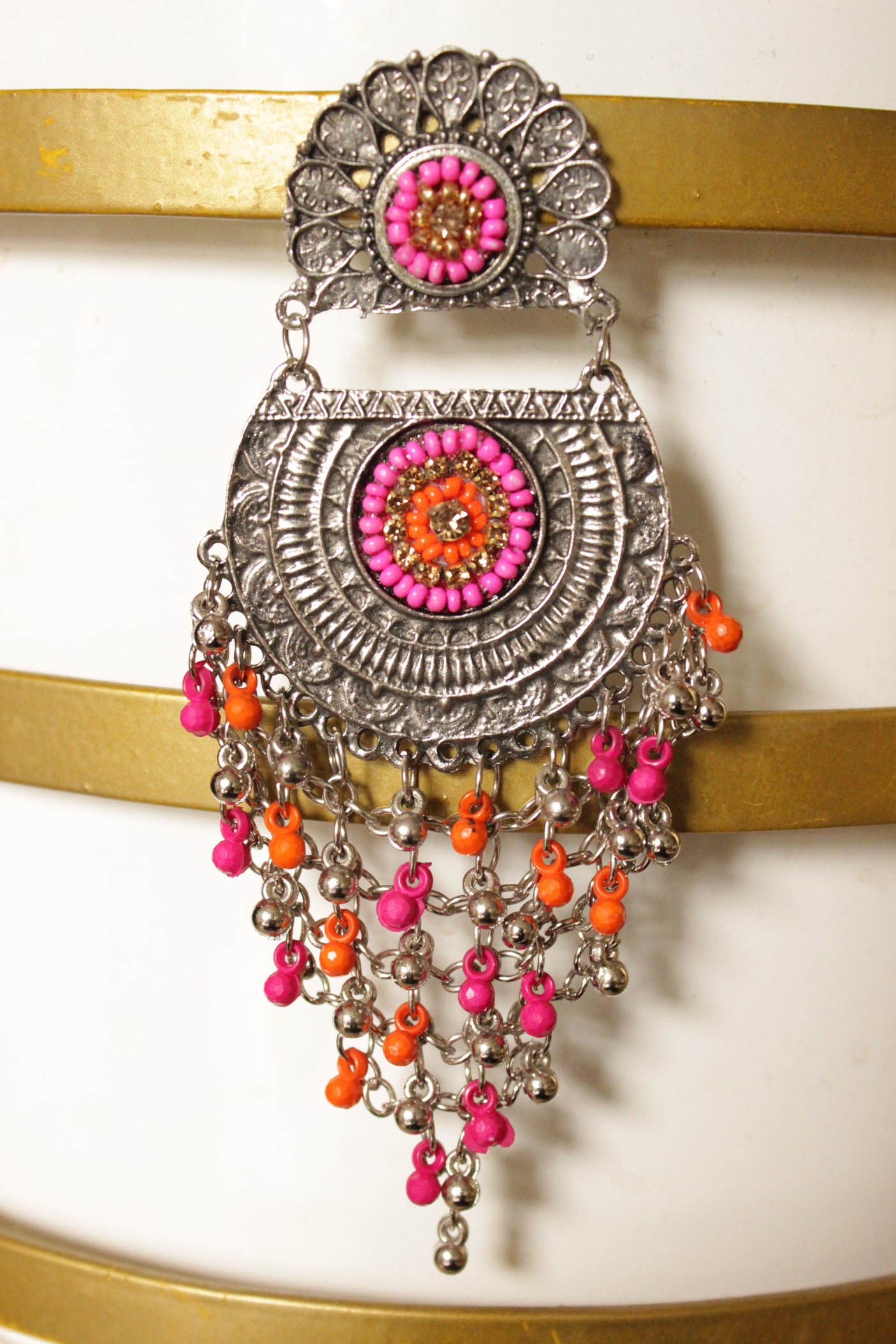 Pink Beaded Oxidised FInish Flower Motif Statement Earrings