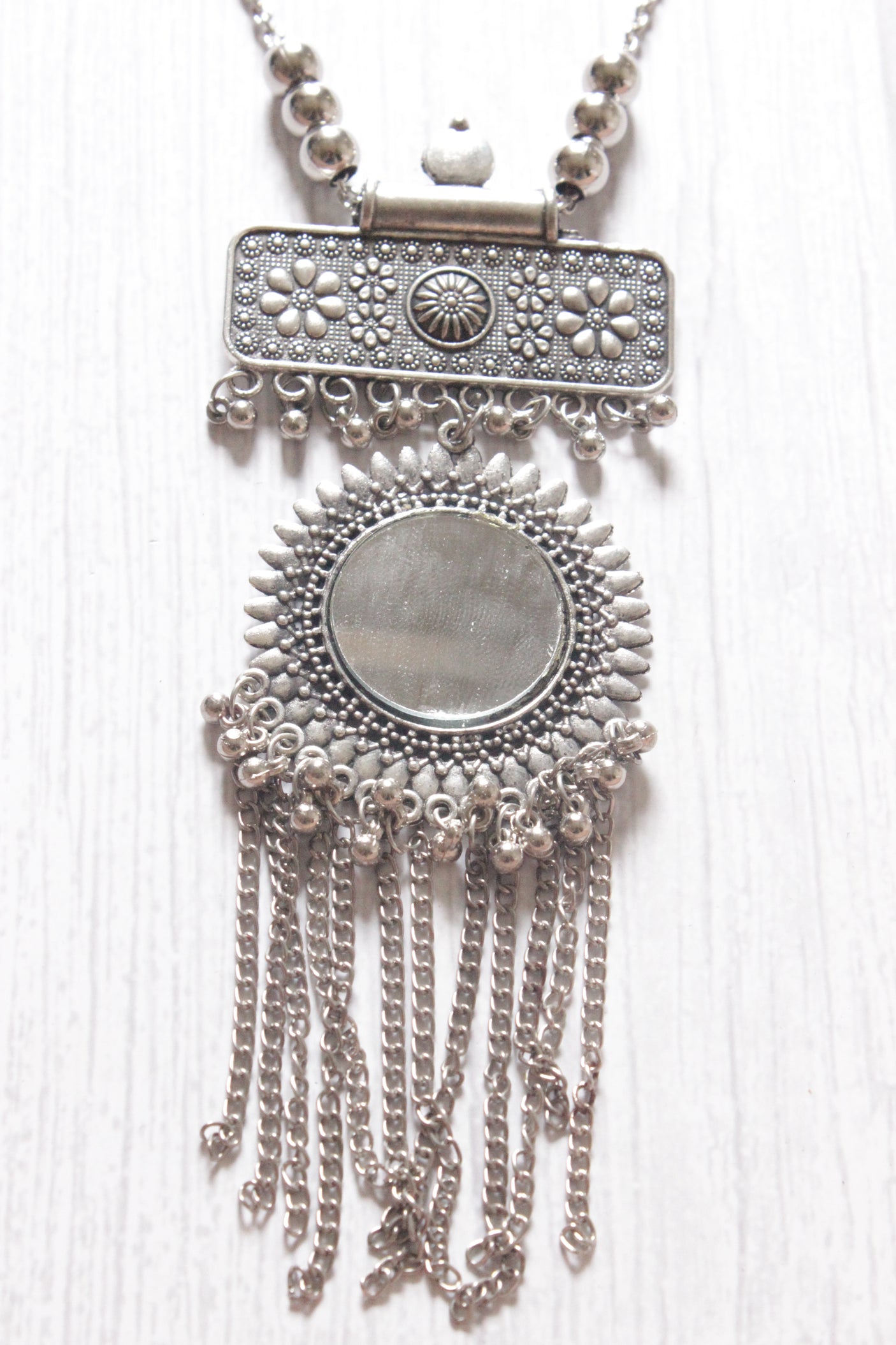 Mirror Work Pendant and Earrings Long Chain Silver Finish Metal Necklace Set