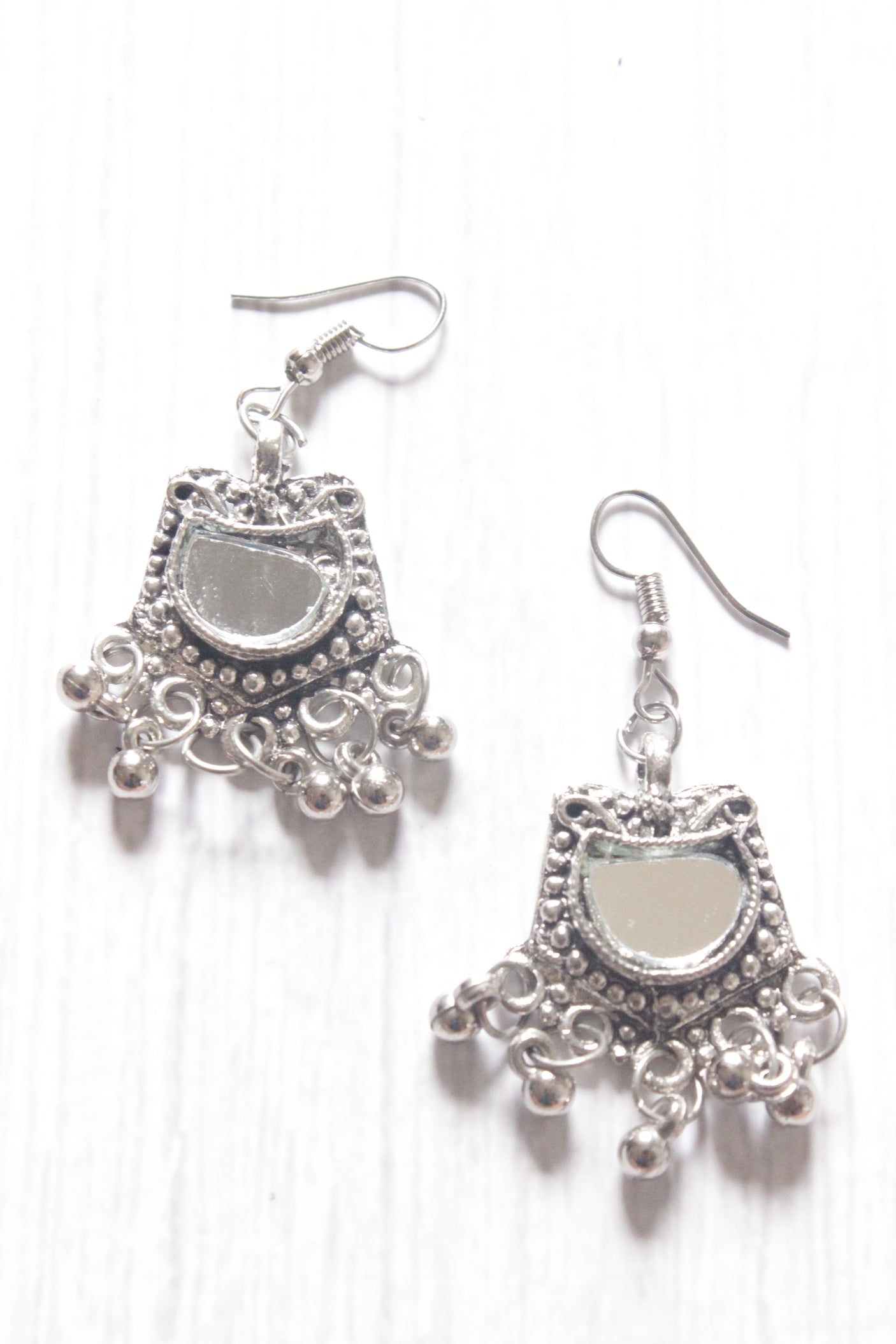 Mirror Work Pendant and Earrings Long Chain Silver Finish Metal Necklace Set