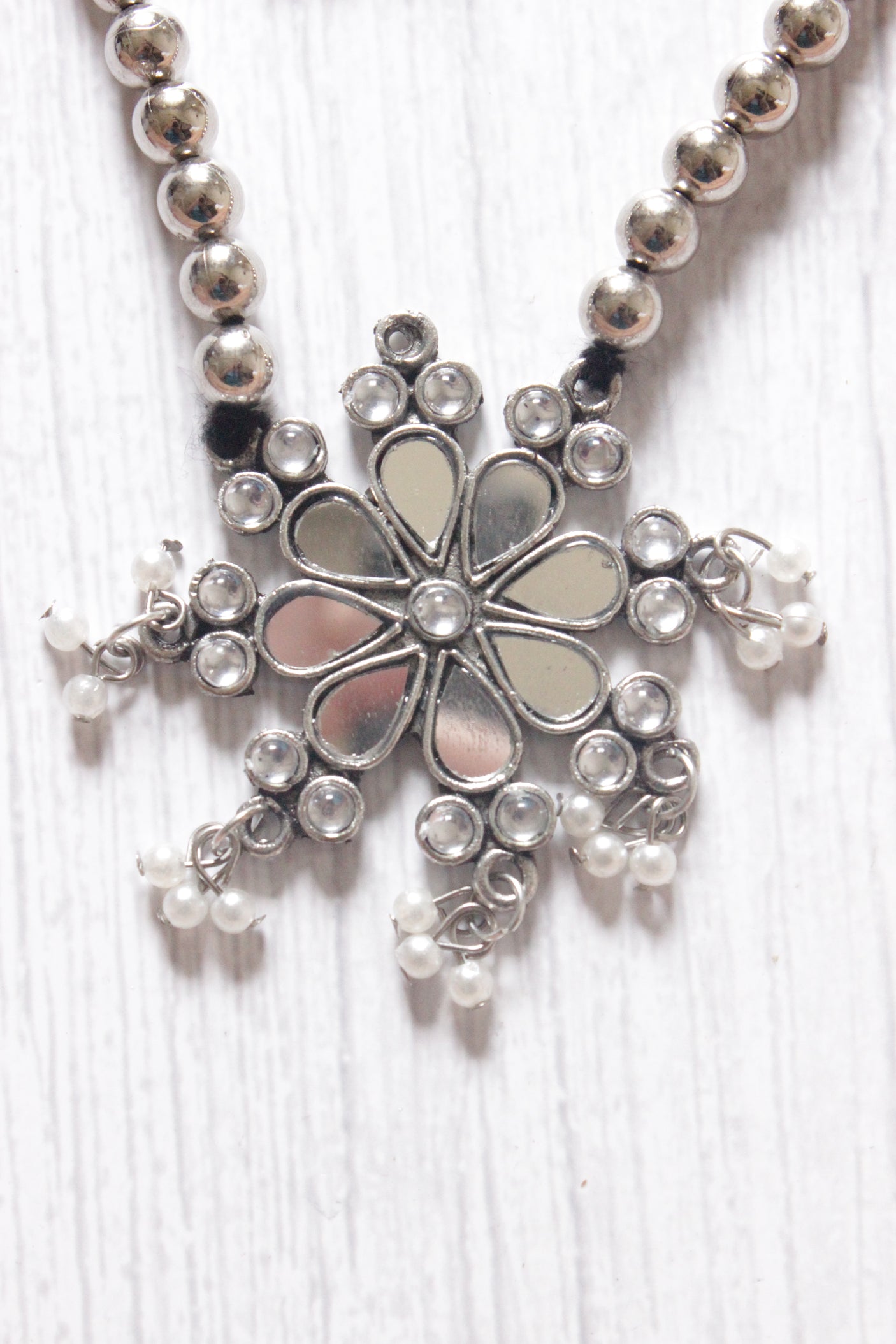 Mirror Work Pendant and Earrings Flower Motif Long Chain Silver Finish Metal Necklace Set