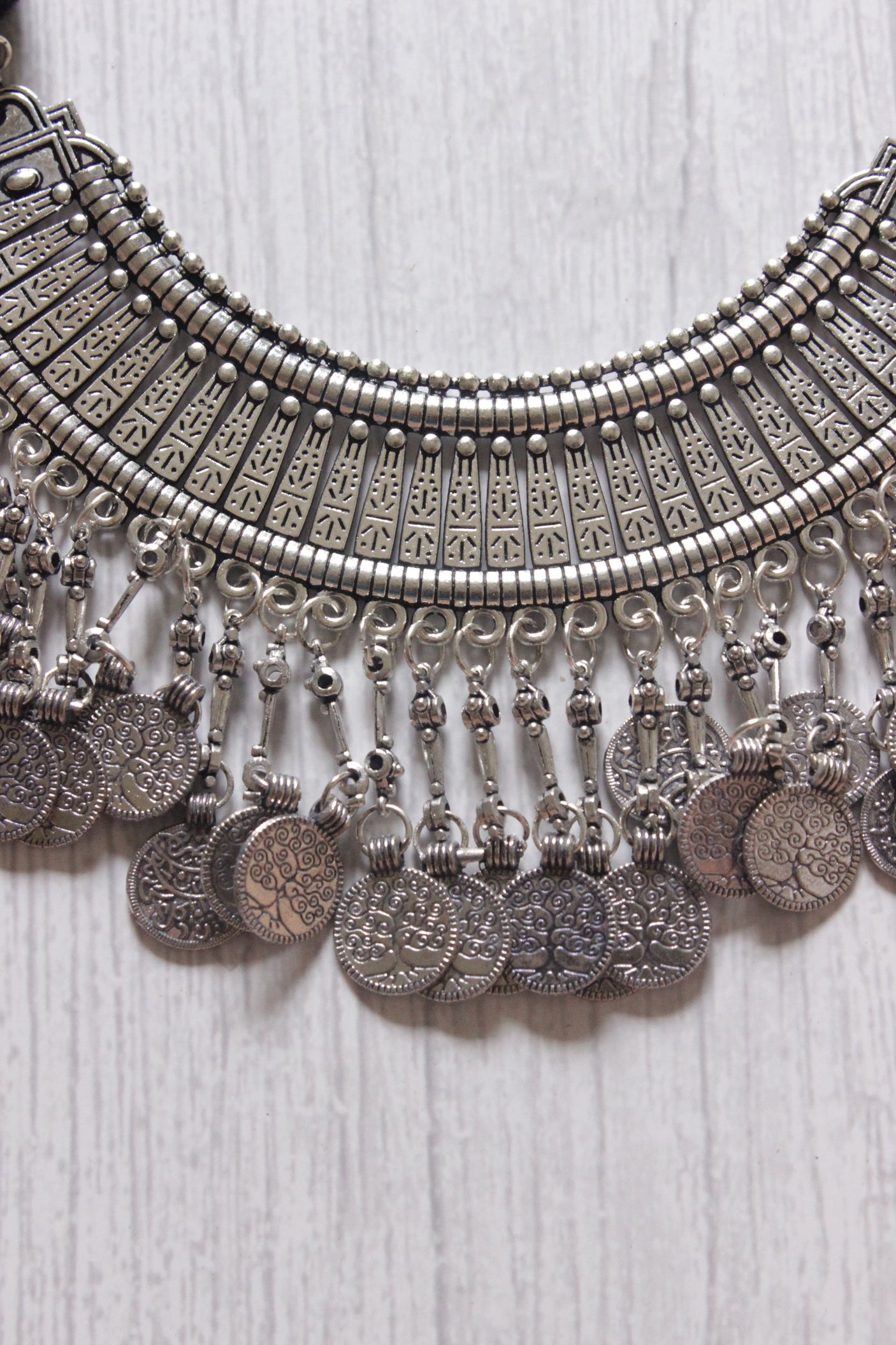 Hasli Style Choker Necklace with Stamped Coins Strings and Thread Closure