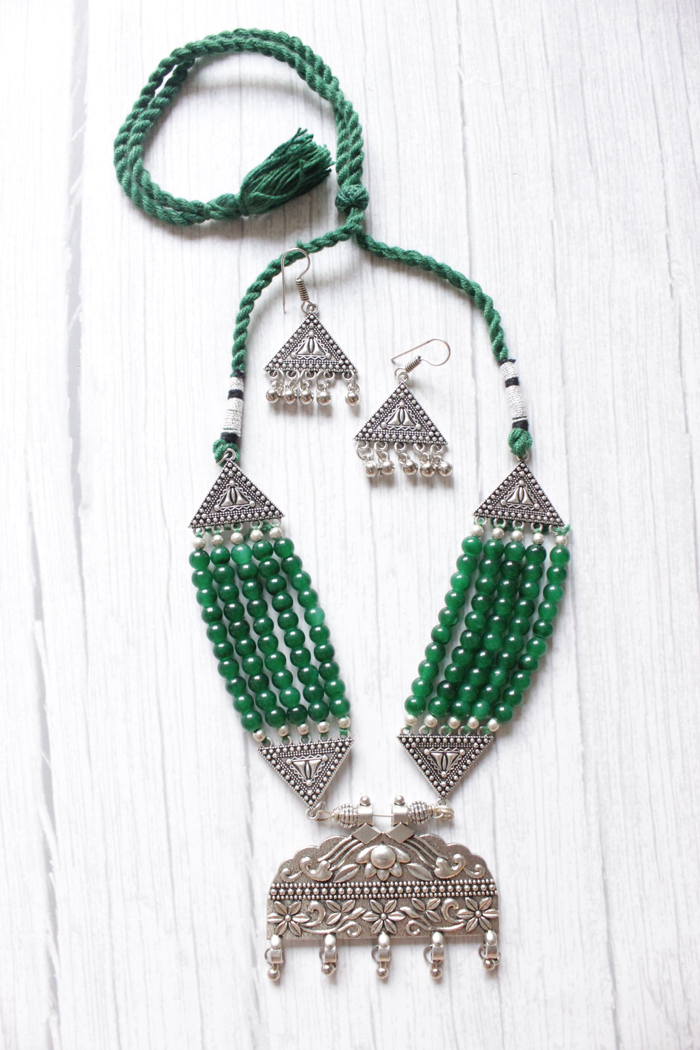 Green Beads Braided Necklace Set with Statement Silver Finish Pendant