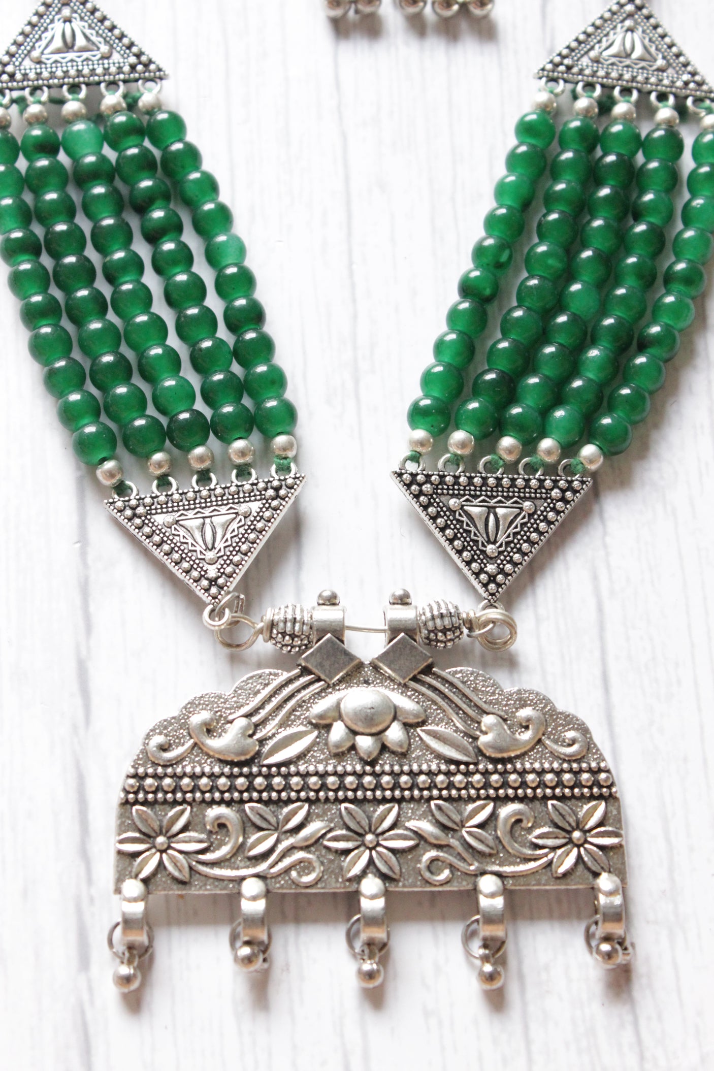 Green Beads Braided Necklace Set with Statement Silver Finish Pendant