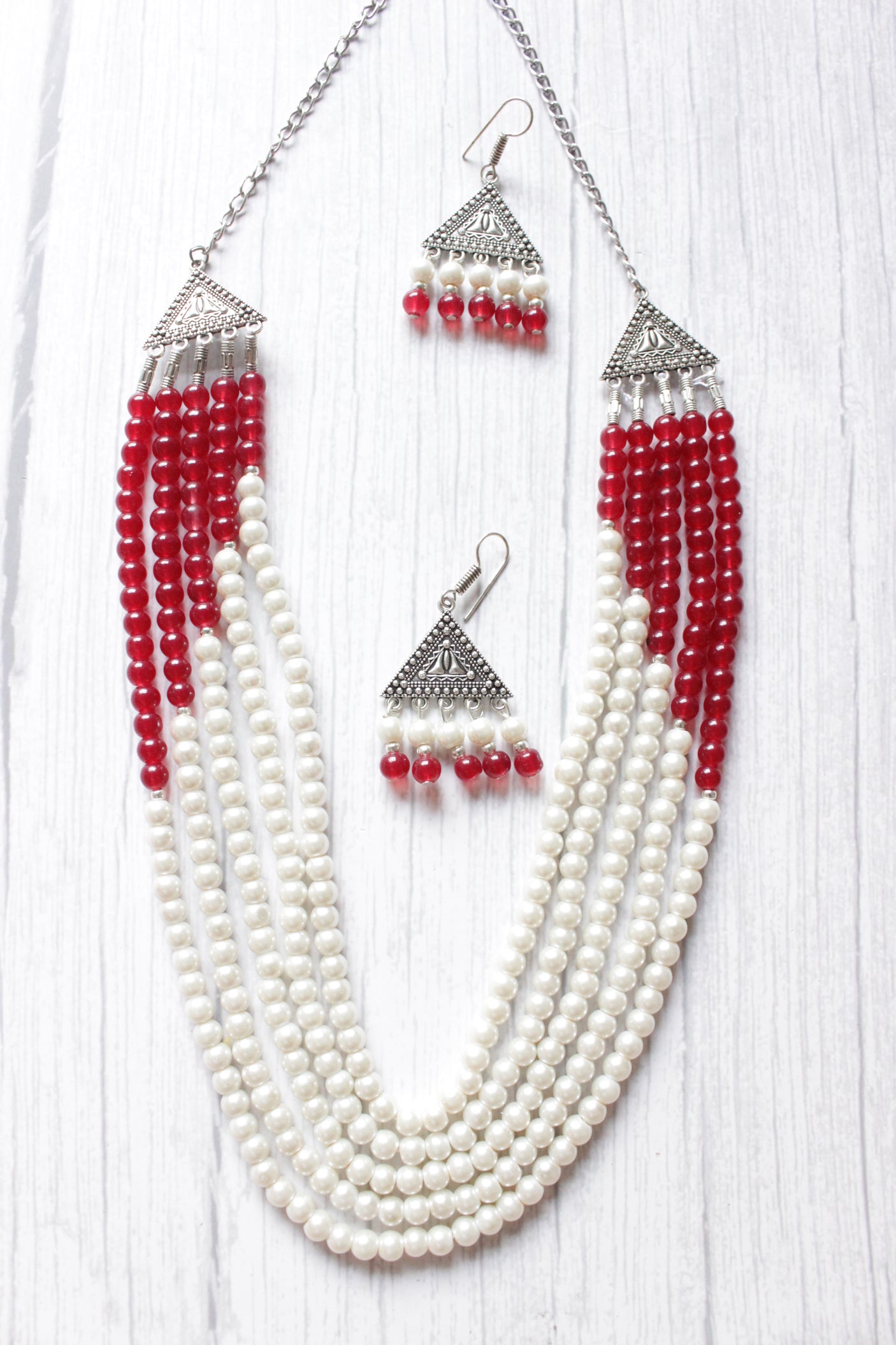Red & White Glass Beads 5 Layer Versatile Necklace Set with Metal Accents