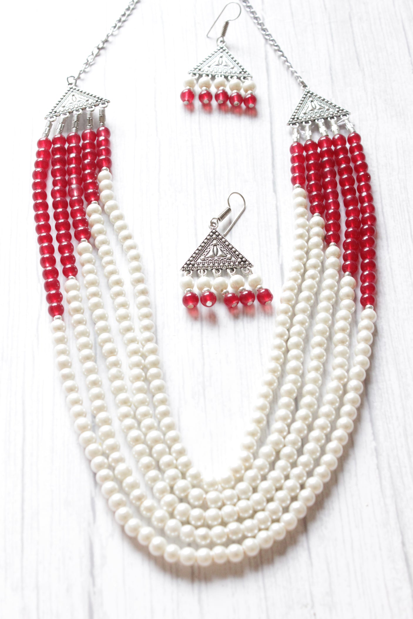 Red & White Glass Beads 5 Layer Versatile Necklace Set with Metal Accents