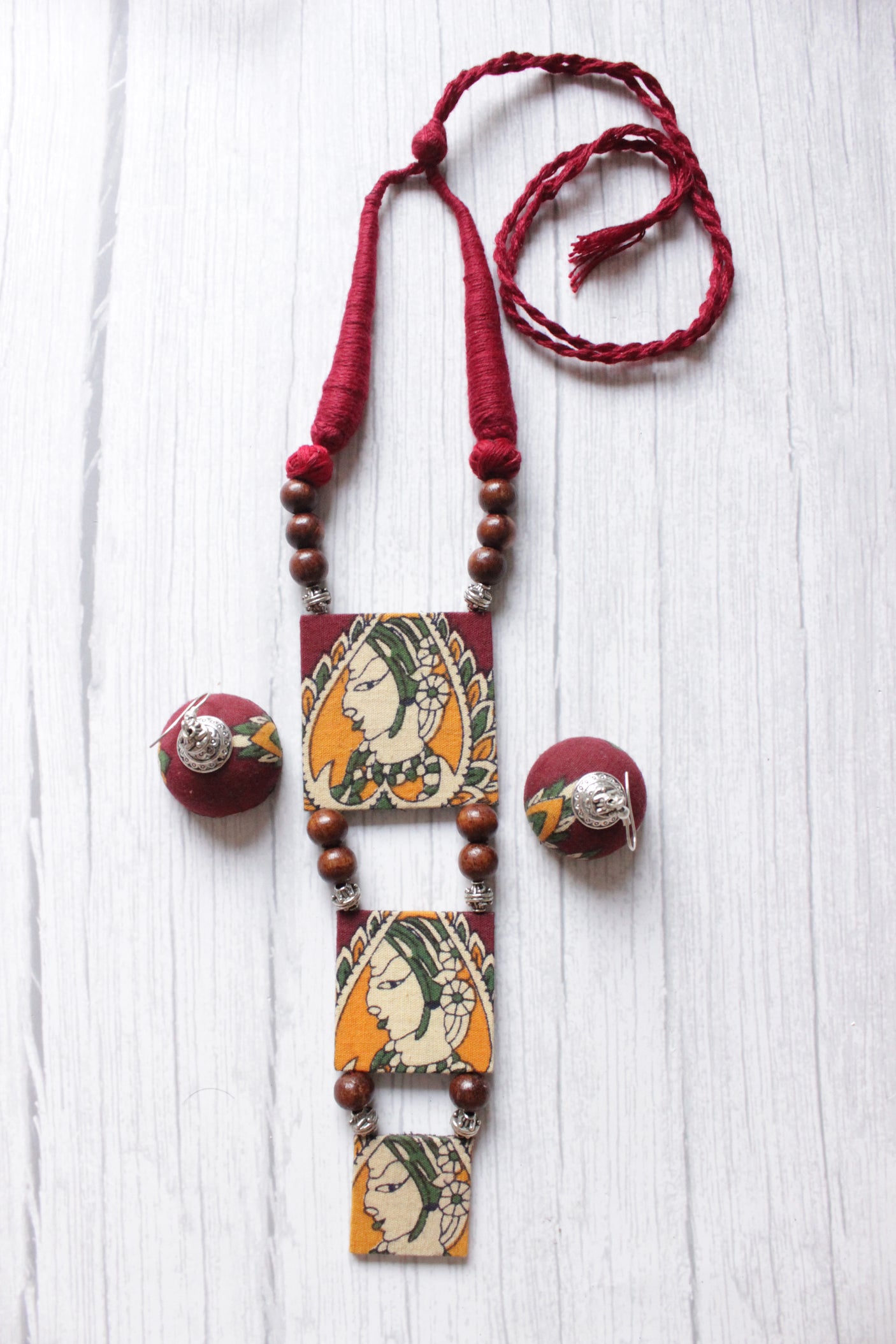 Hand Painted Woman Face Red and Yellow Fabric Necklace Set with Jhumka Earrings