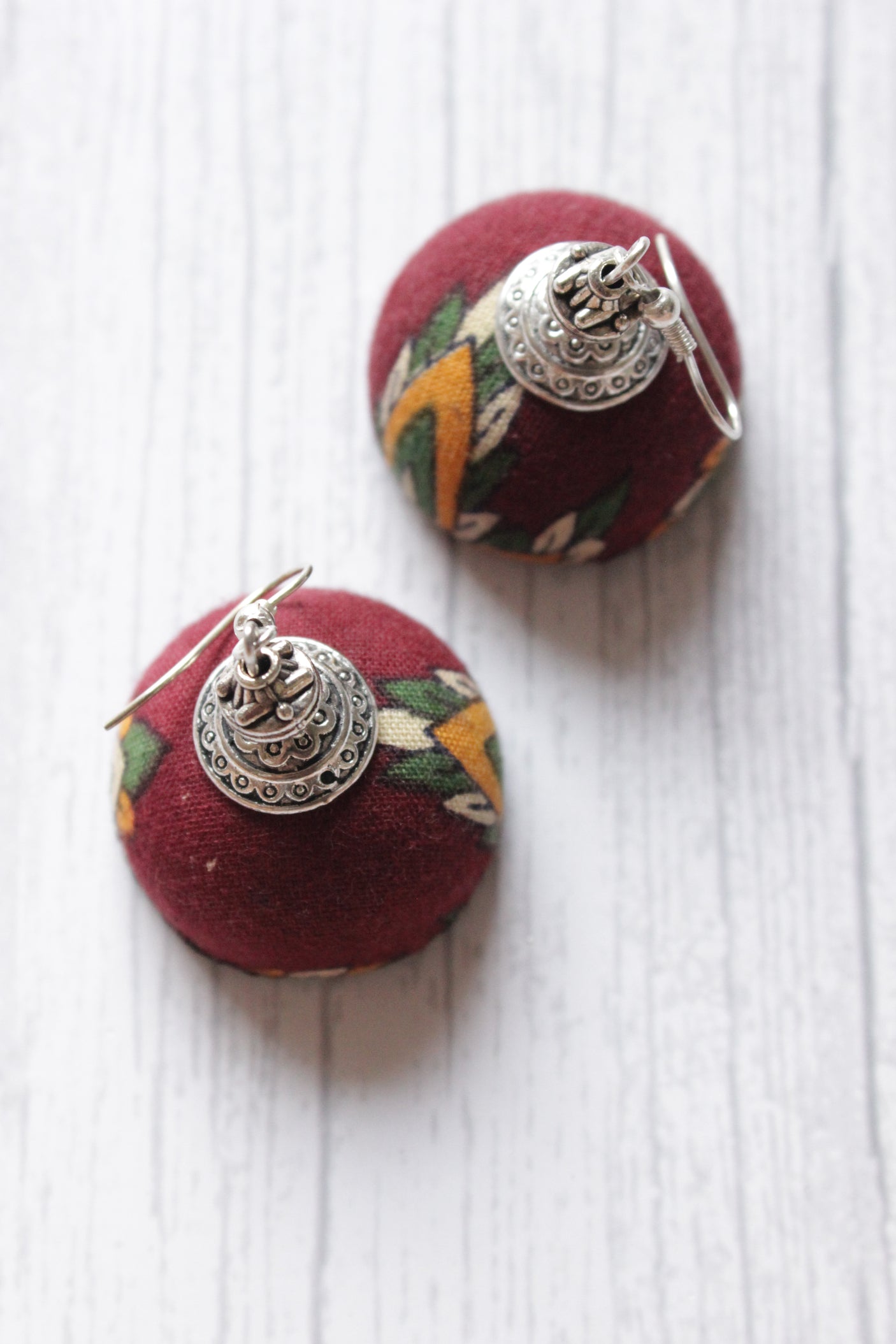 Hand Painted Woman Face Red and Yellow Fabric Necklace Set with Jhumka Earrings