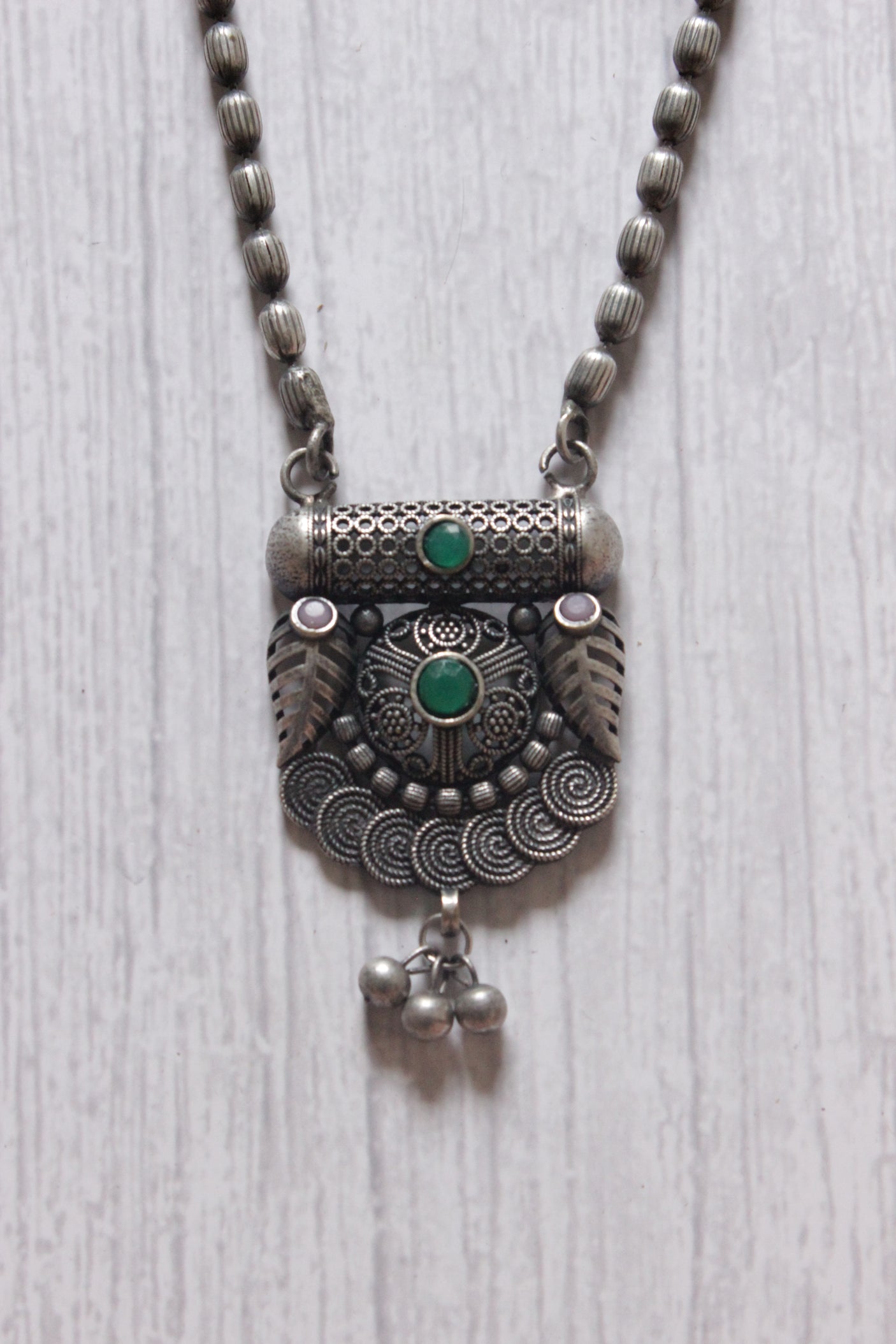 Long Metal Beads Chain Oxidised Silver Metal Necklace Set