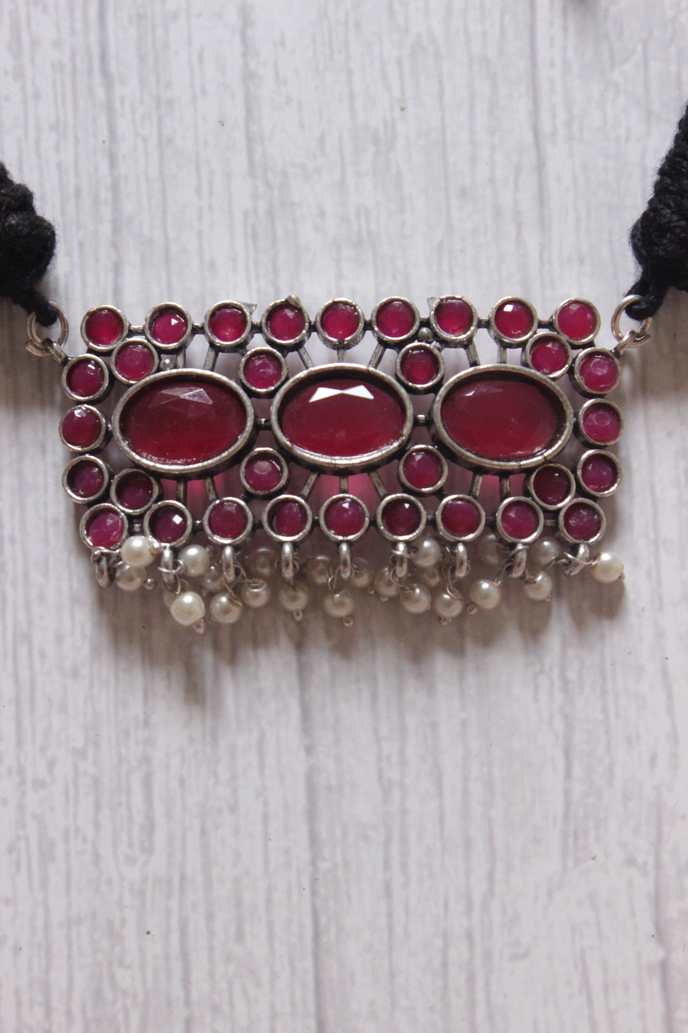 Pink Stones Embedded Thread Closure Choker Necklace Set