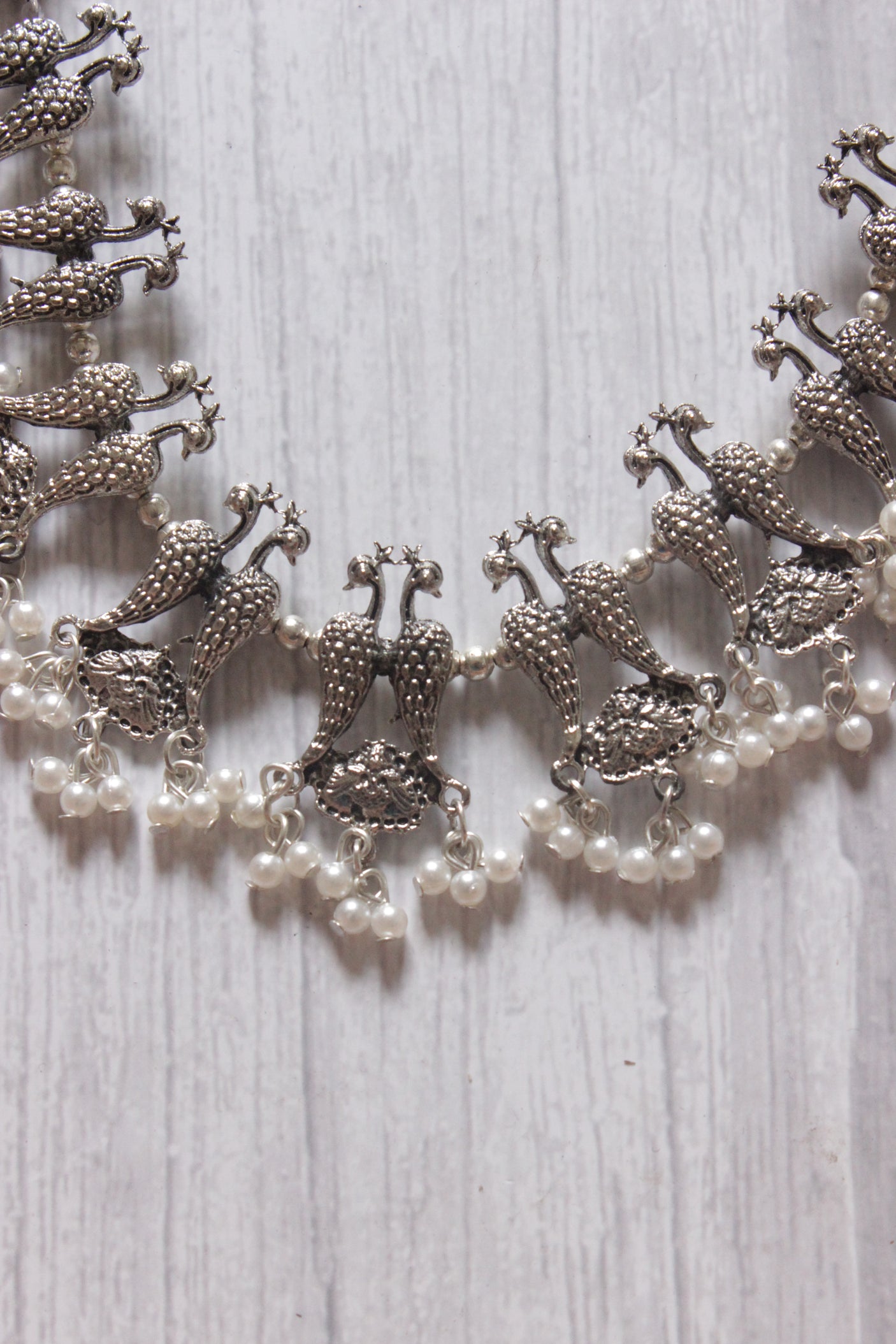 Peacock Motif thread Closure Choker Necklace Set with Long Dangler Earrings