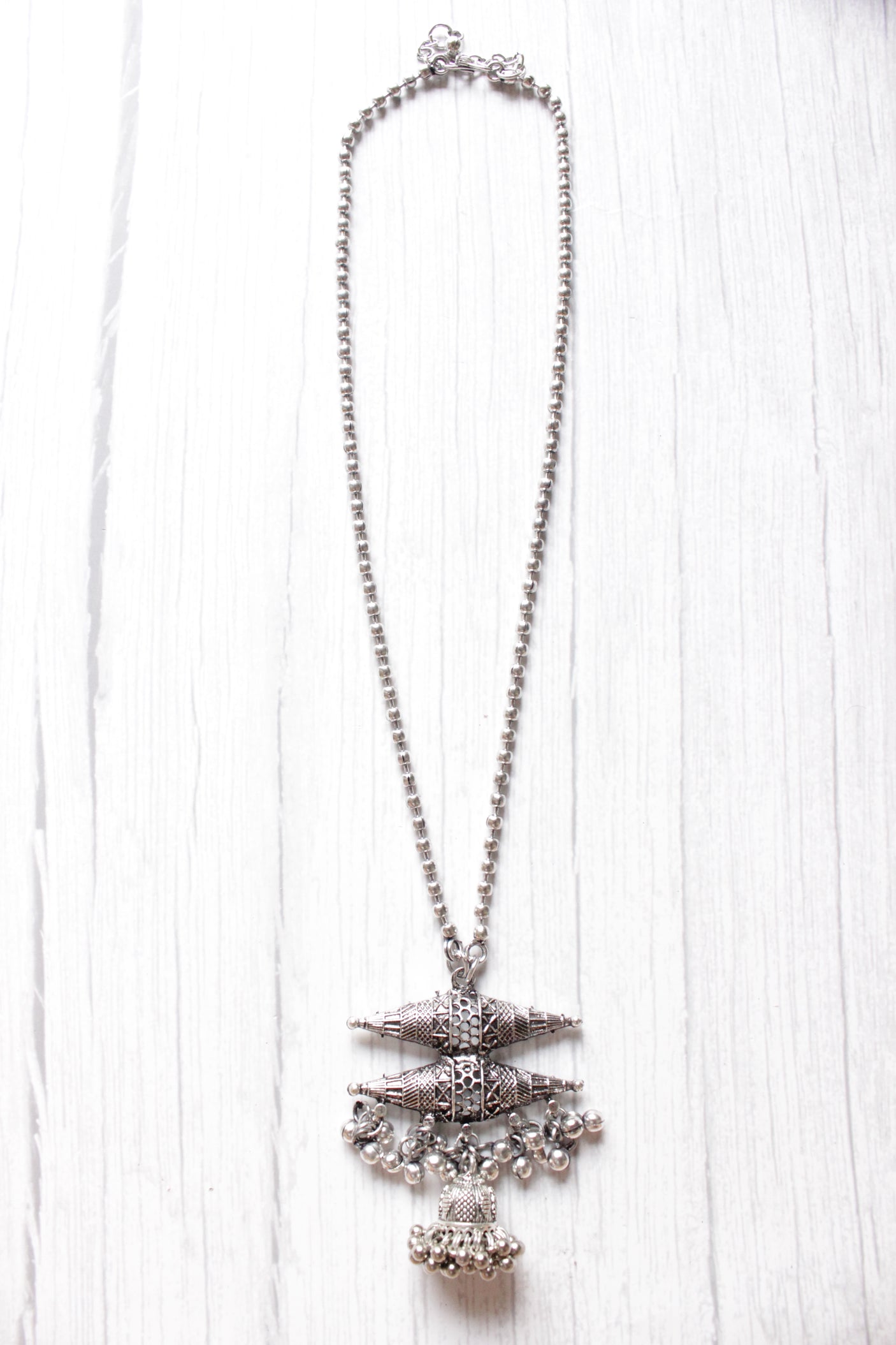 Long Chain Oxidised Finish Double Warrior Pendant Necklace