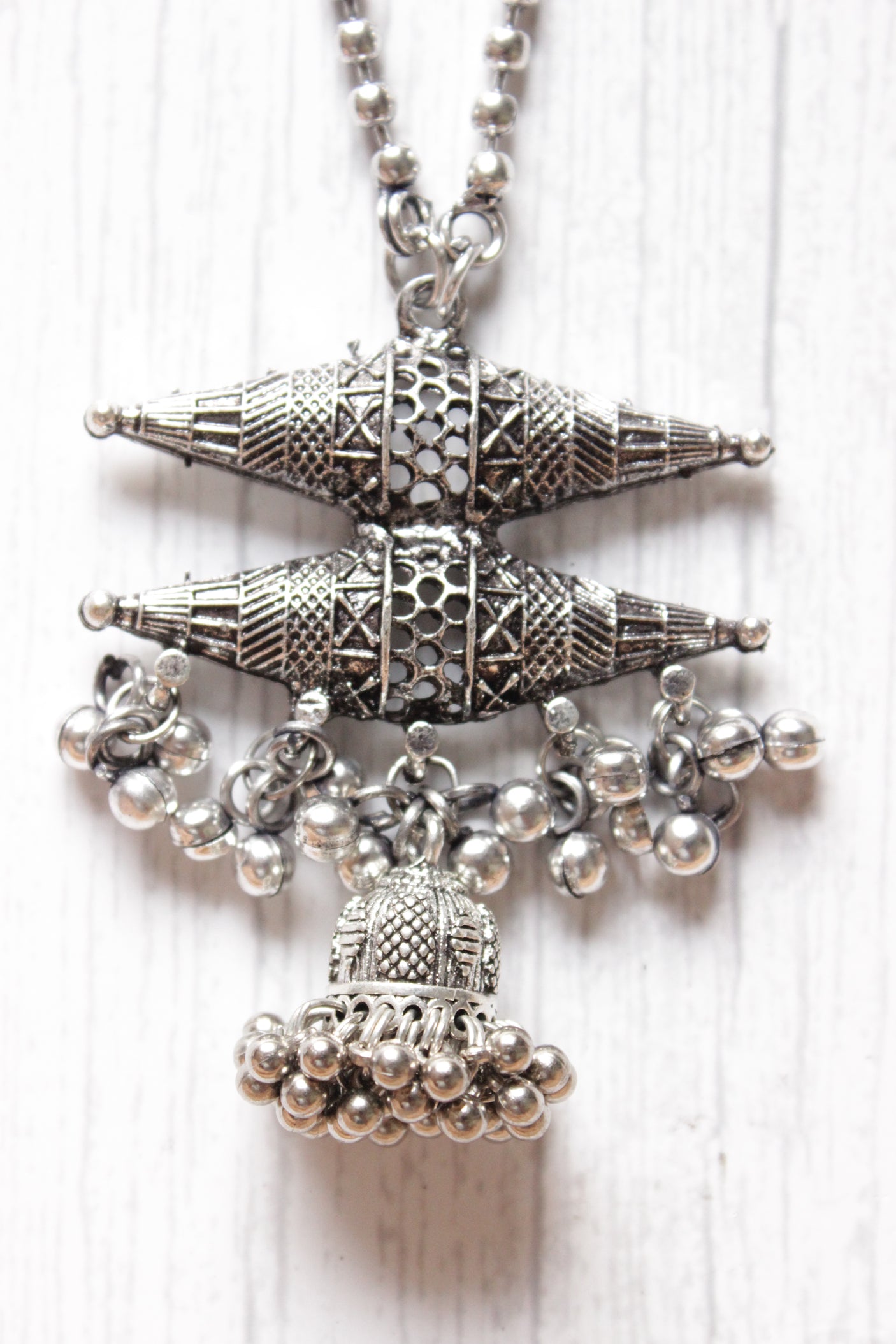 Long Chain Oxidised Finish Double Warrior Pendant Necklace