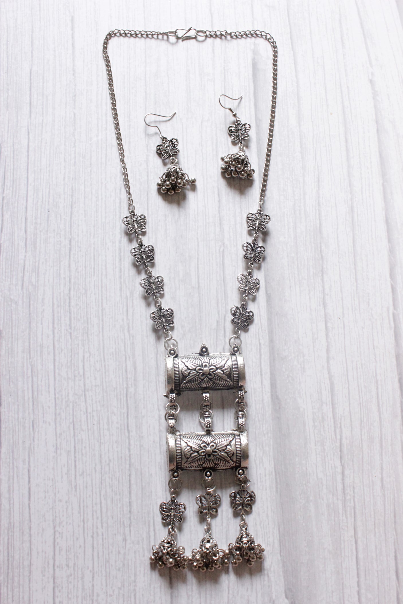 Long Chain Silver Finish Butterfly Motif Necklace Set