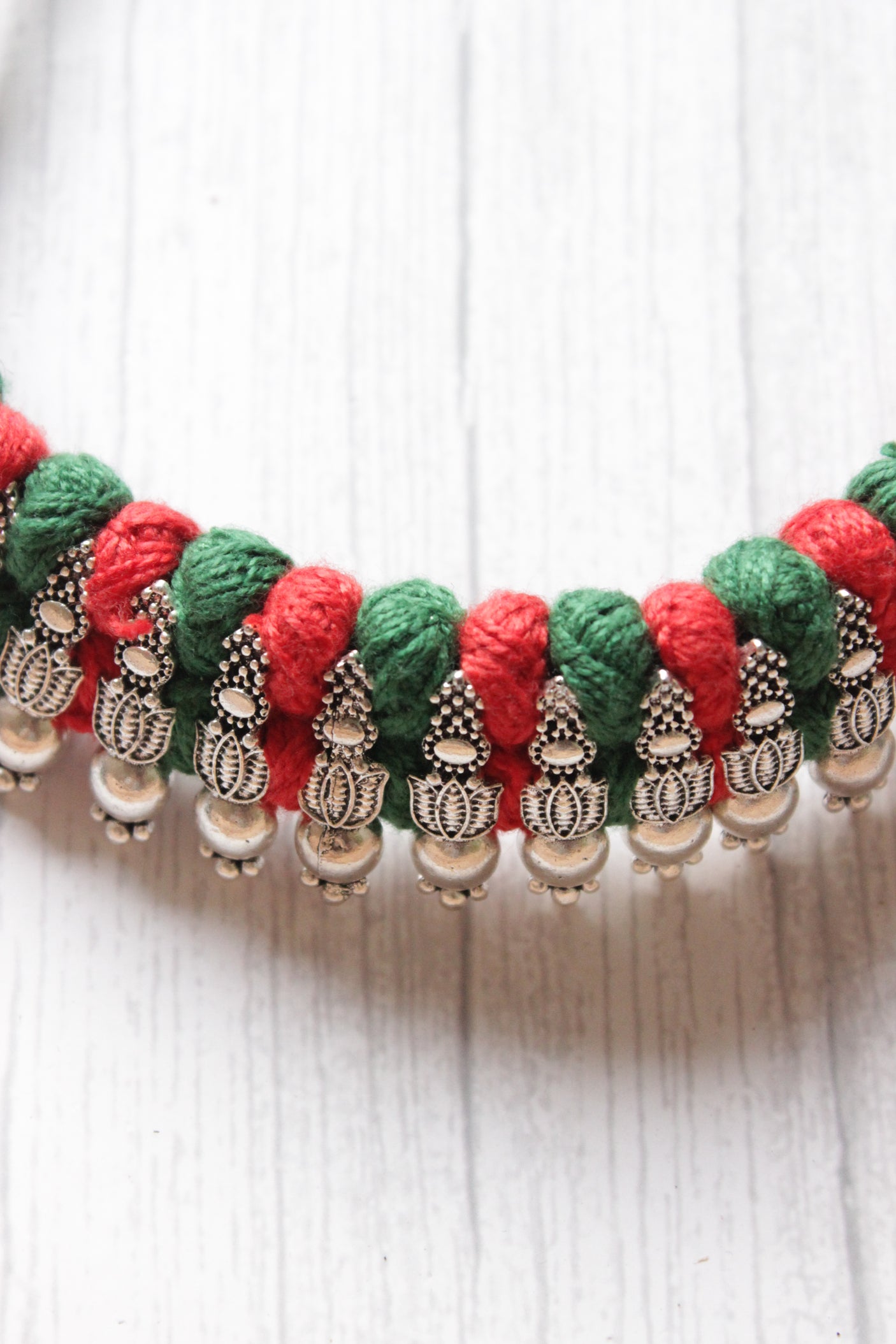 Red & Green Braided Fabric Threads with Lotus Metal Charms Choker Necklace