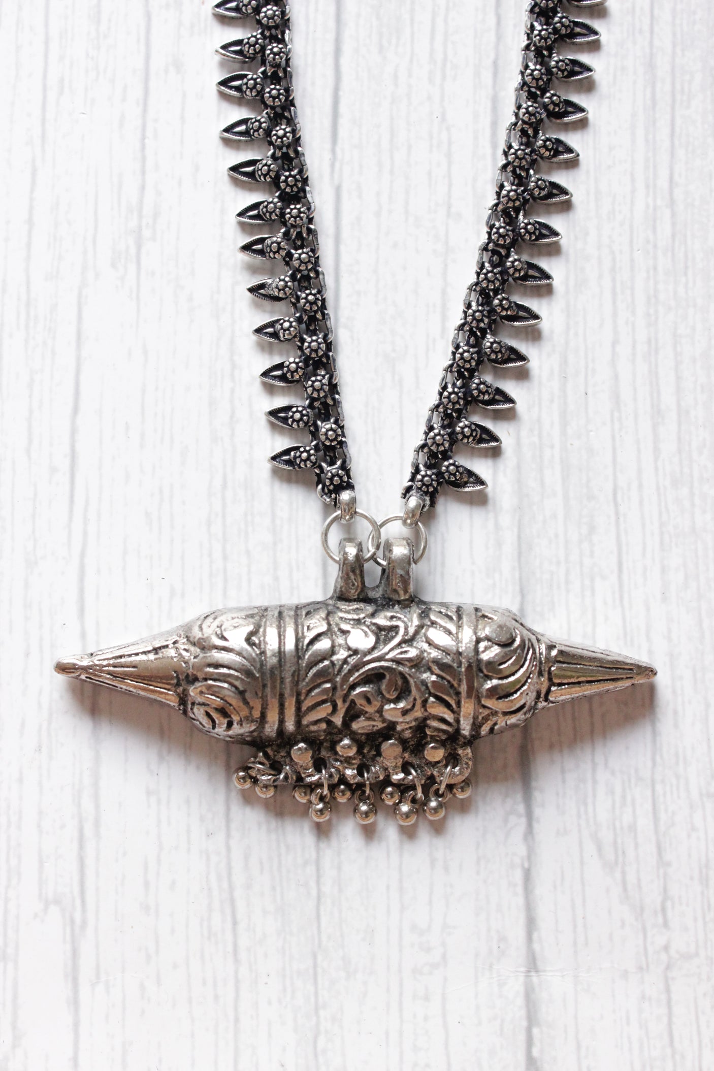 Oxidised Finish Long Chain Necklace with Warrior Pendant