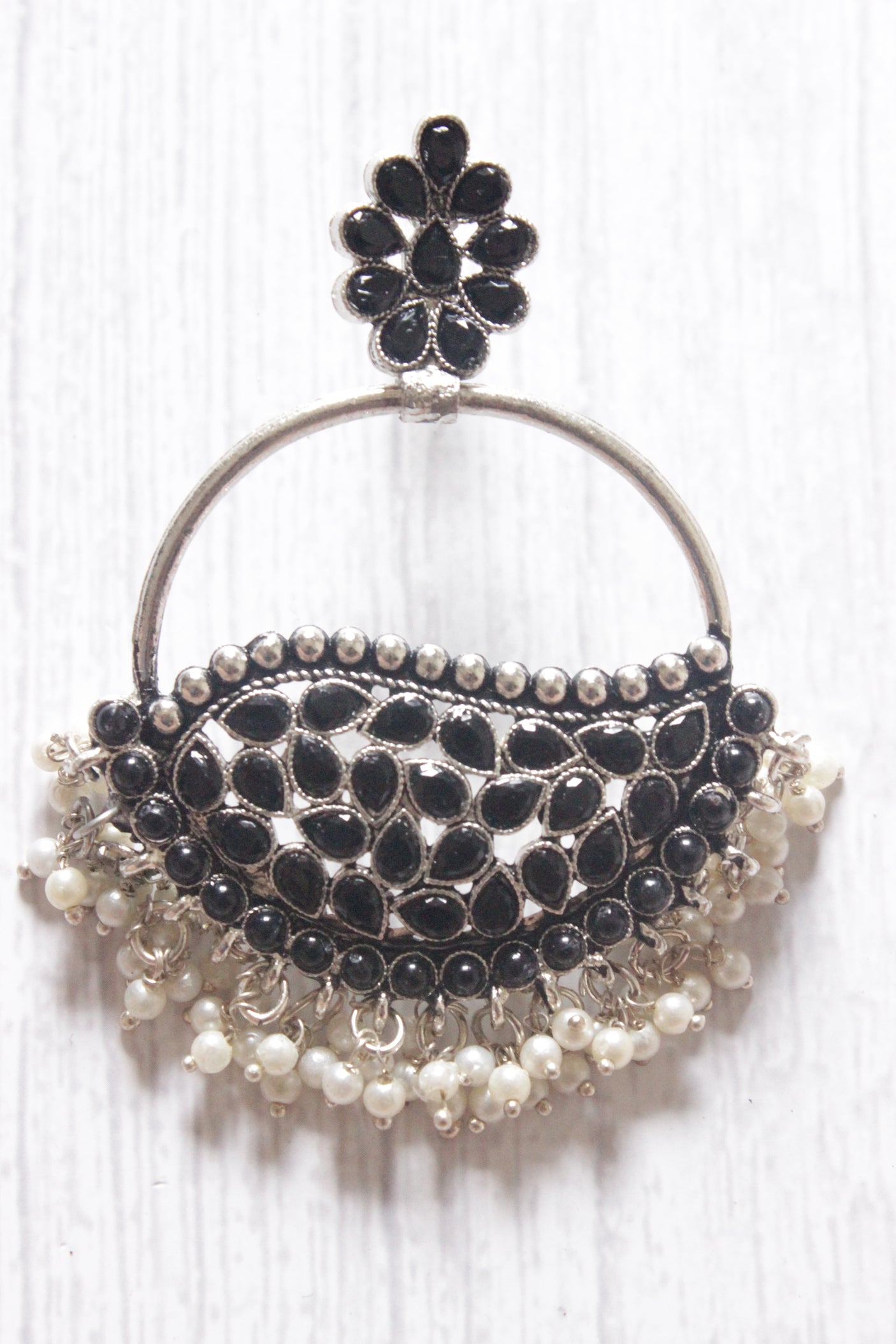 Black Rhinestones Embedded Circular Dangler Earrings with White Beads Detailing